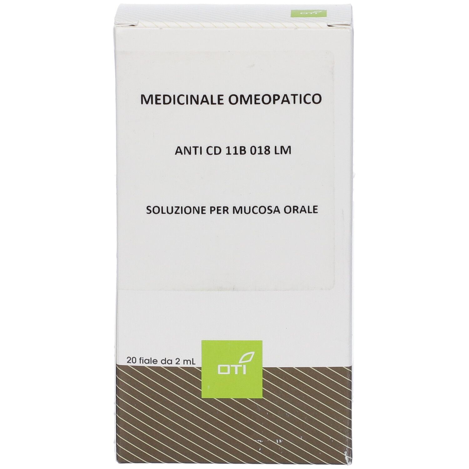 Scatola bianca con testo: Medicinale Omeopatico, Anti CD 11B 018 LM, Soluzione per mucosa orale. 20 fiale.