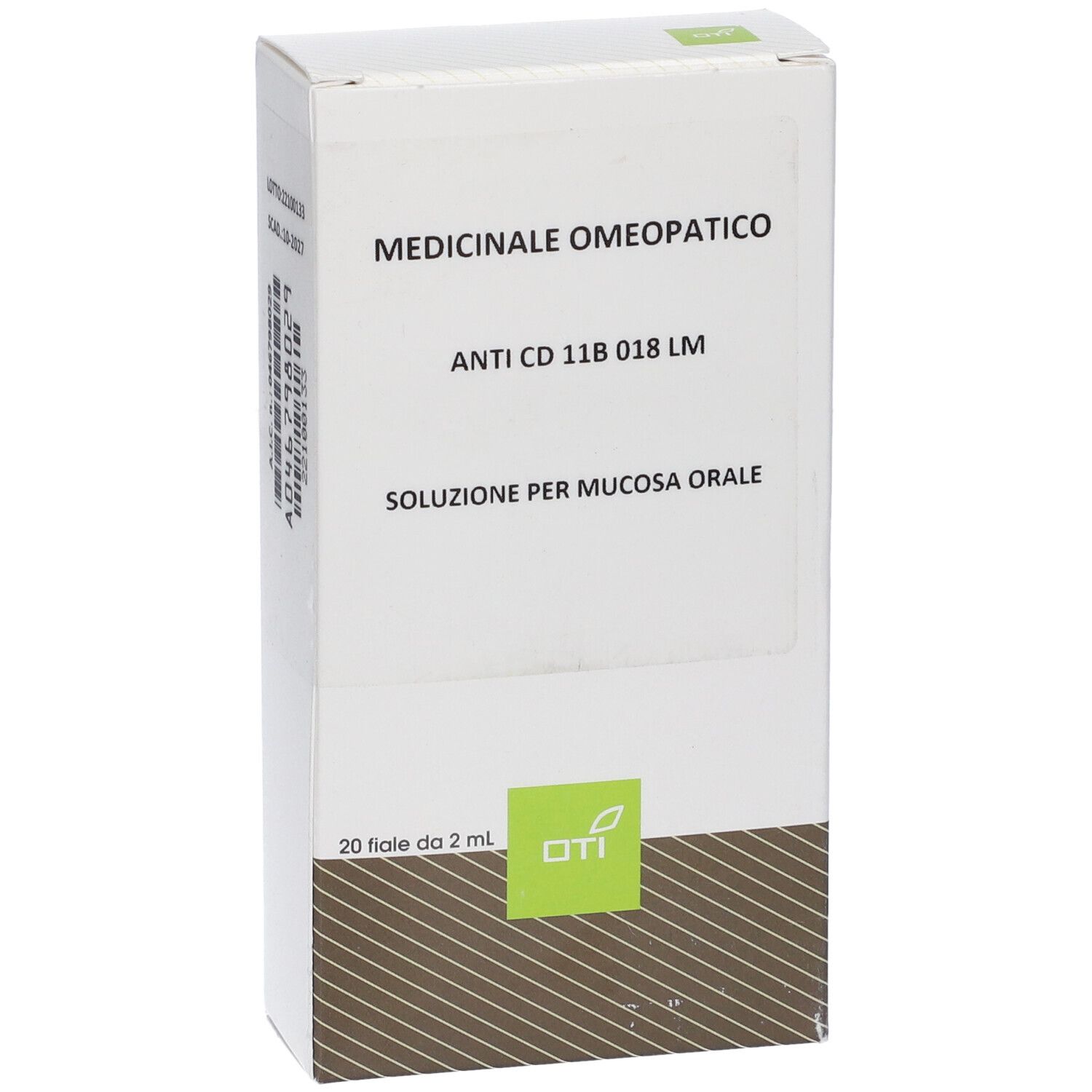 Scatola bianca con testo: Medicinale Omeopatico, Anti CD 11B 018 LM, Soluzione per mucosa orale. 20 fiale.