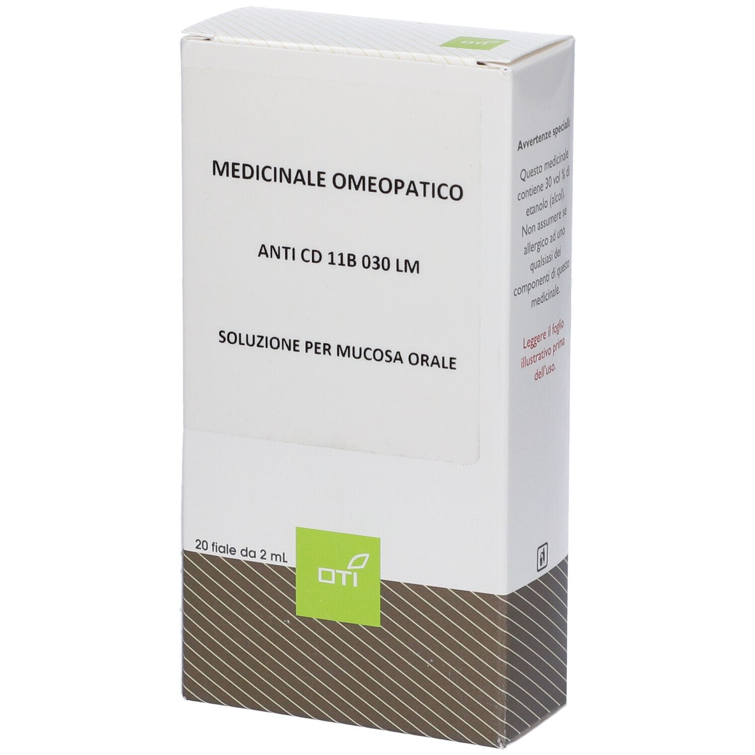 Scatola bianca con informazioni sul prodotto. Testo: Medicinale Omeopatico, Anti CD 11B 030 LM, Soluzione per mucosa orale. Logo OTI.