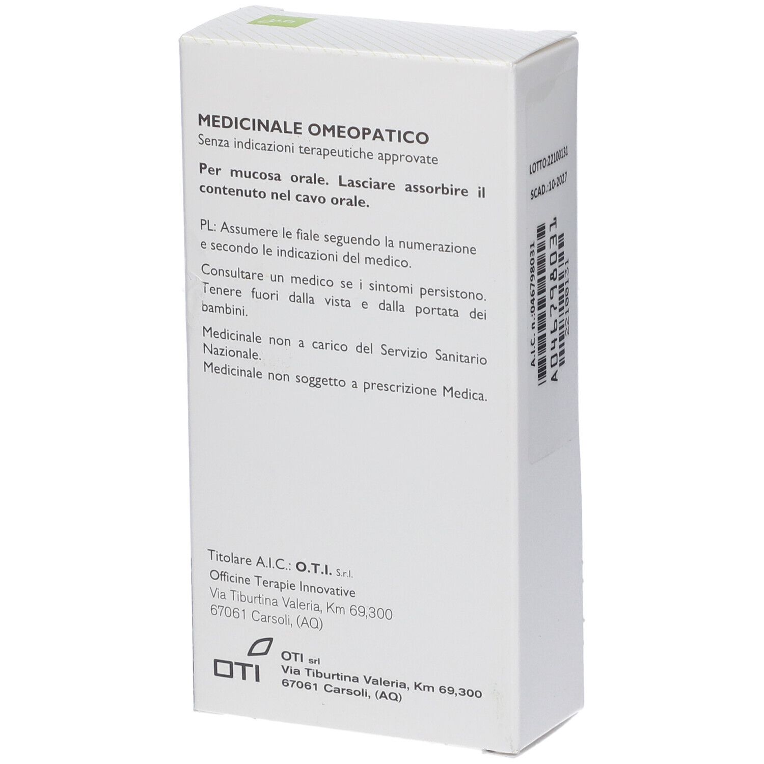 Scatola bianca con testo. Testo: Medicinale Omeopatico. Informazioni sull'uso e indirizzo del produttore. Logo OTI.