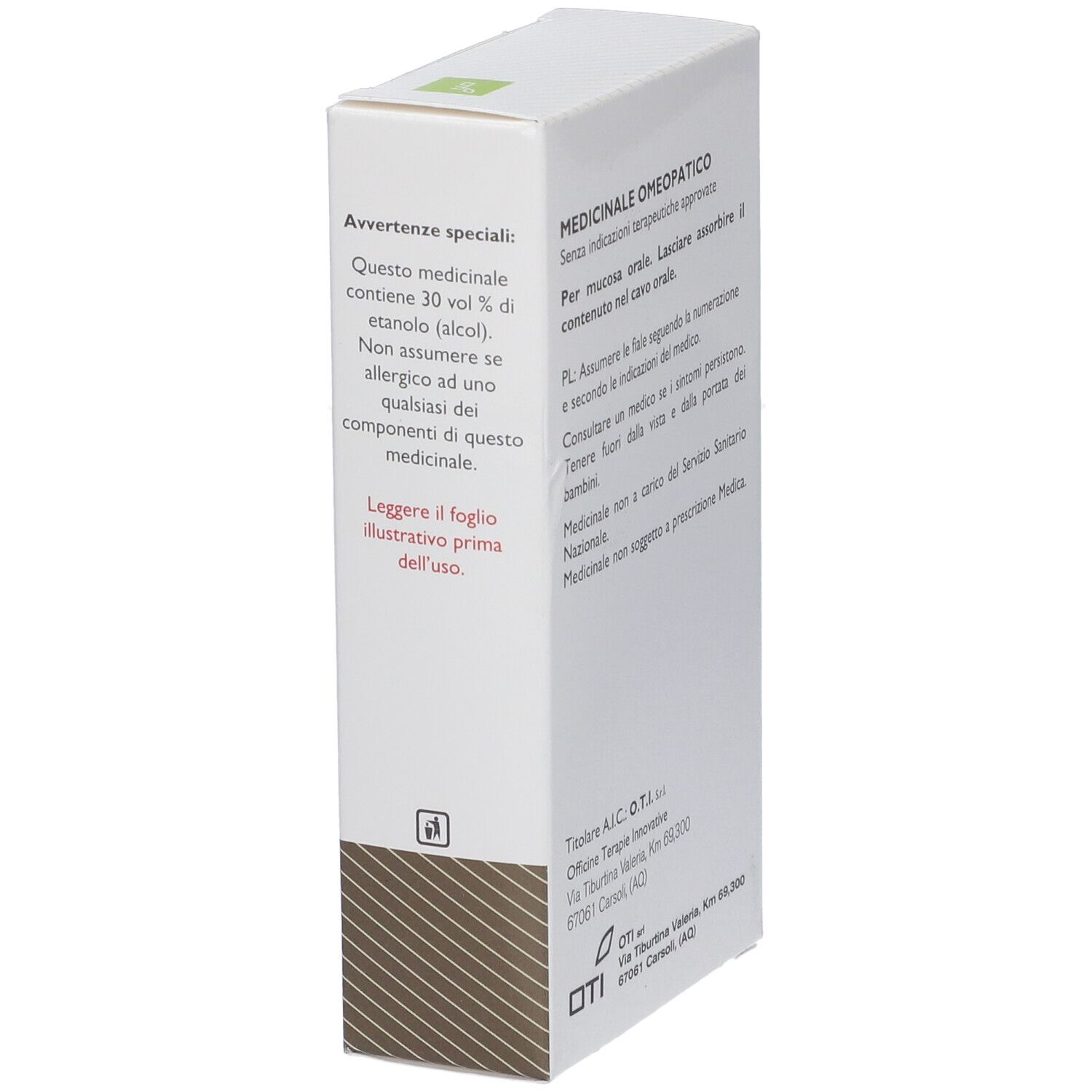 Scatola bianca con testo. Testo: Medicinale Omeopatico. Avvertenze e informazioni sulla composizione. Logo OTI.