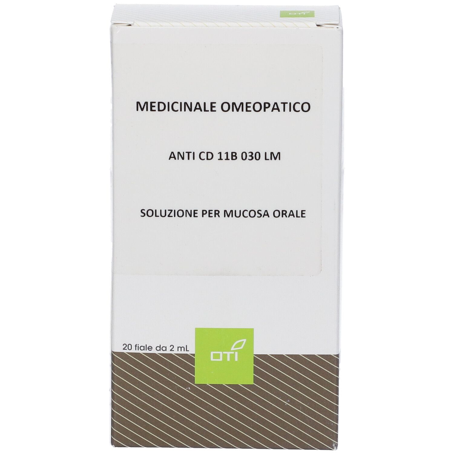Scatola bianca con informazioni sul prodotto. Testo: Medicinale Omeopatico, Anti CD 11B 030 LM, Soluzione per mucosa orale. Logo OTI.