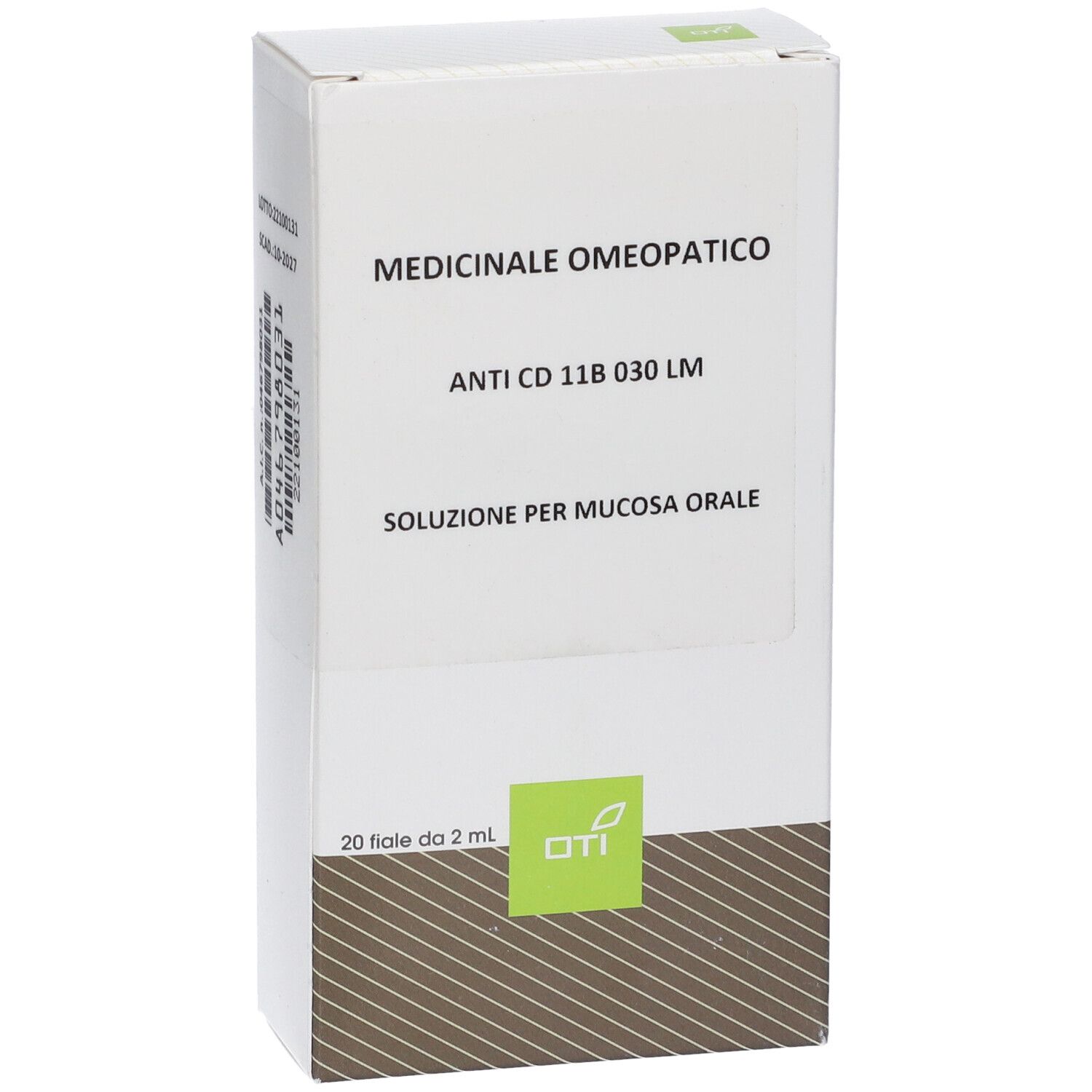 Scatola bianca con informazioni sul prodotto. Testo: Medicinale Omeopatico, Anti CD 11B 030 LM, Soluzione per mucosa orale. Logo OTI.