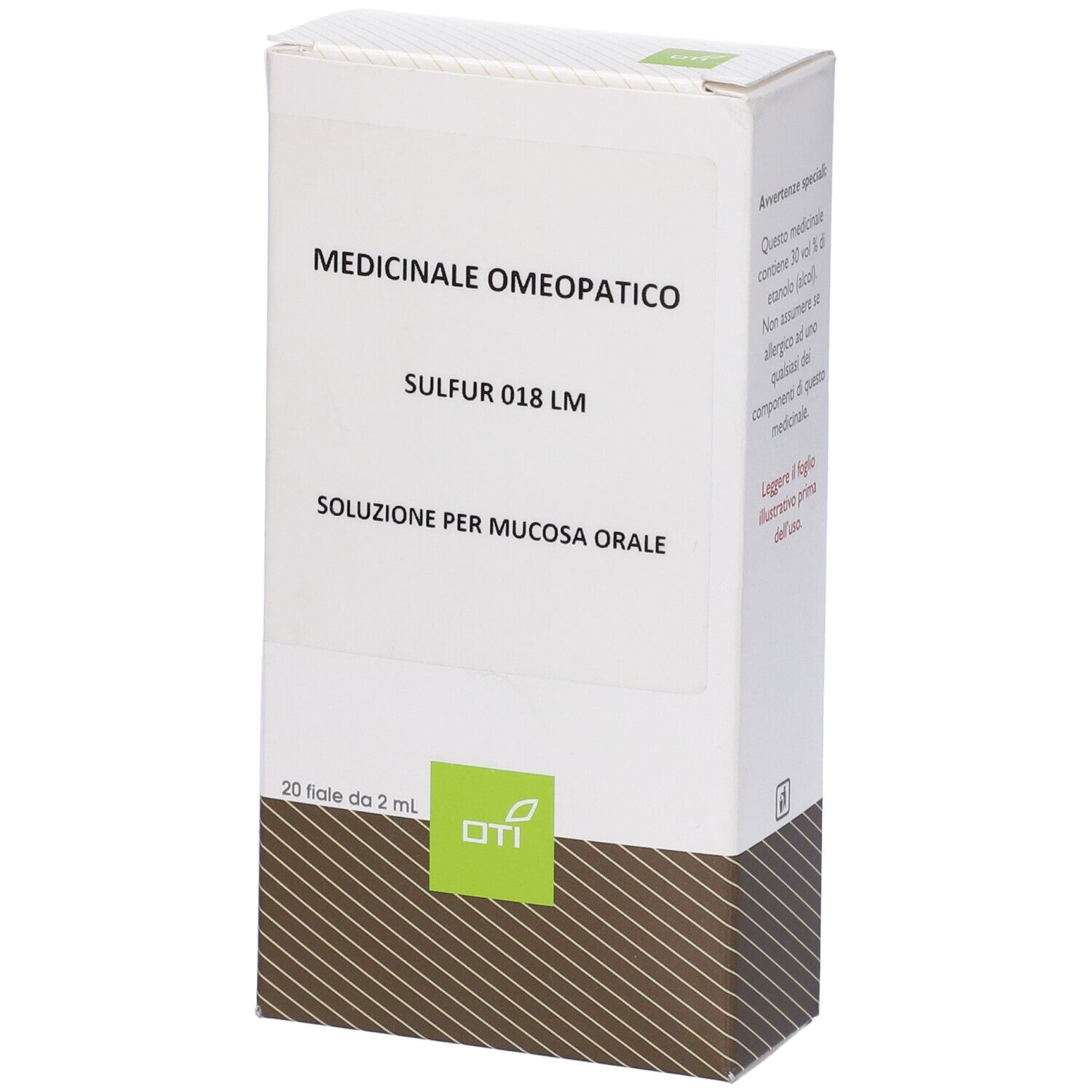 Scatola bianca con nome e informazioni del prodotto. Visibili 'Sulfur 018 LM' e 'Soluzione per mucosa orale'.