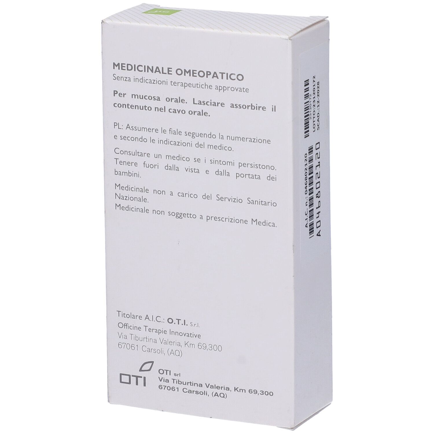 Scatola bianca, retro con testo. Testo: Medicinale Omeopatico, Per mucosa orale. Logo OTI e indirizzo.