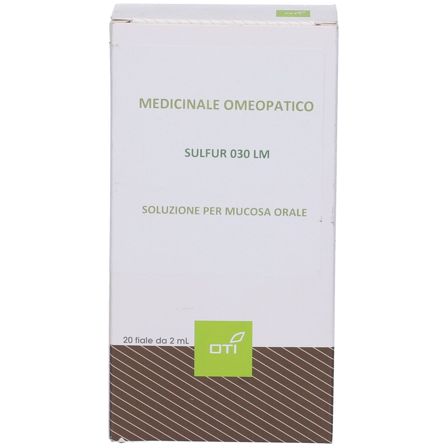 Scatola bianca con nome prodotto e logo. Testo: Medicinale Omeopatico, Sulfur 030 LM, Soluzione per mucosa orale.