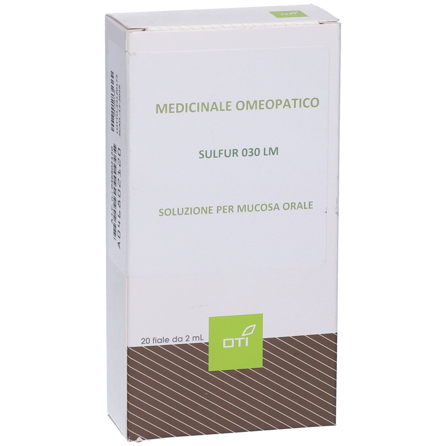 Scatola bianca con nome prodotto e logo. Testo: Medicinale Omeopatico, Sulfur 030 LM, Soluzione per mucosa orale.