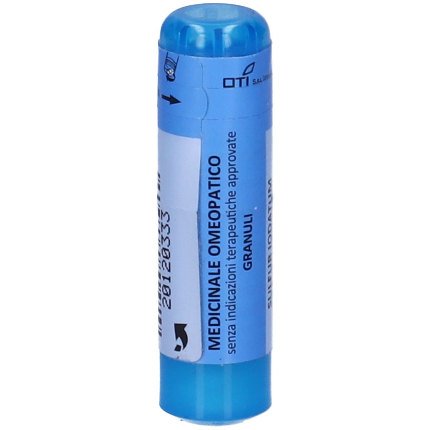 Contenitore cilindrico blu. Scritta: Medicinale Omeopatico, Granuli. Istruzioni freccia e rotazione.