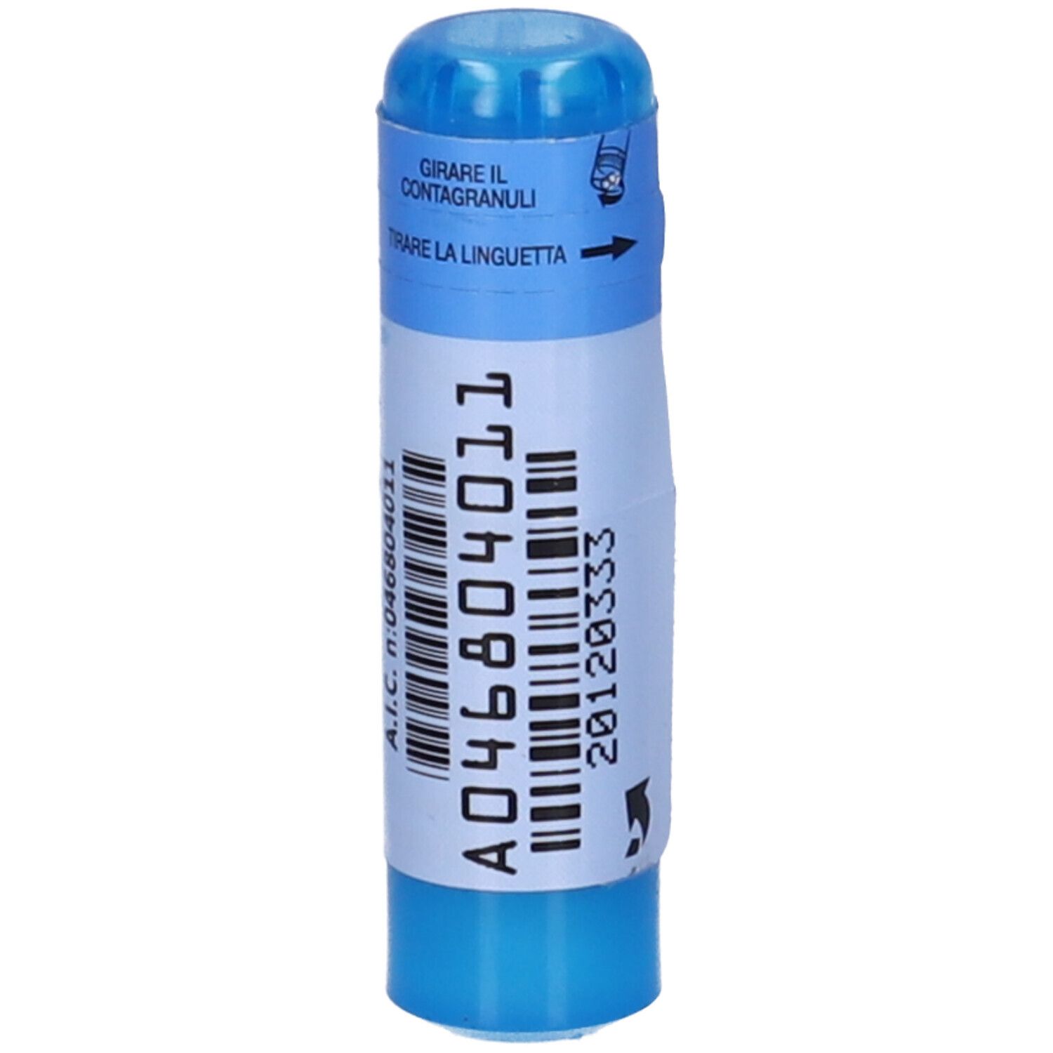 Contenitore cilindrico blu. Scritta: A046804011, 20120333. Codice a barre. Istruzioni rotazione.