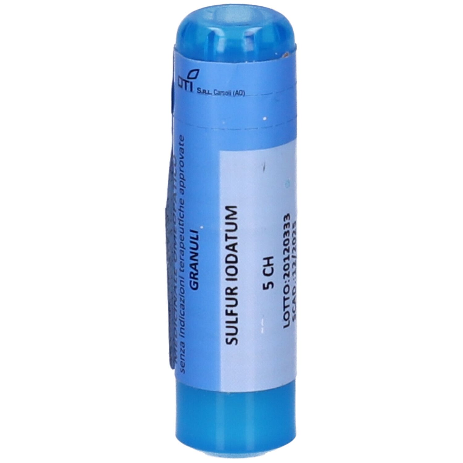 Contenitore cilindrico blu. Scritta: Sulfur Iodatum 5 CH. Numero lotto e scadenza.