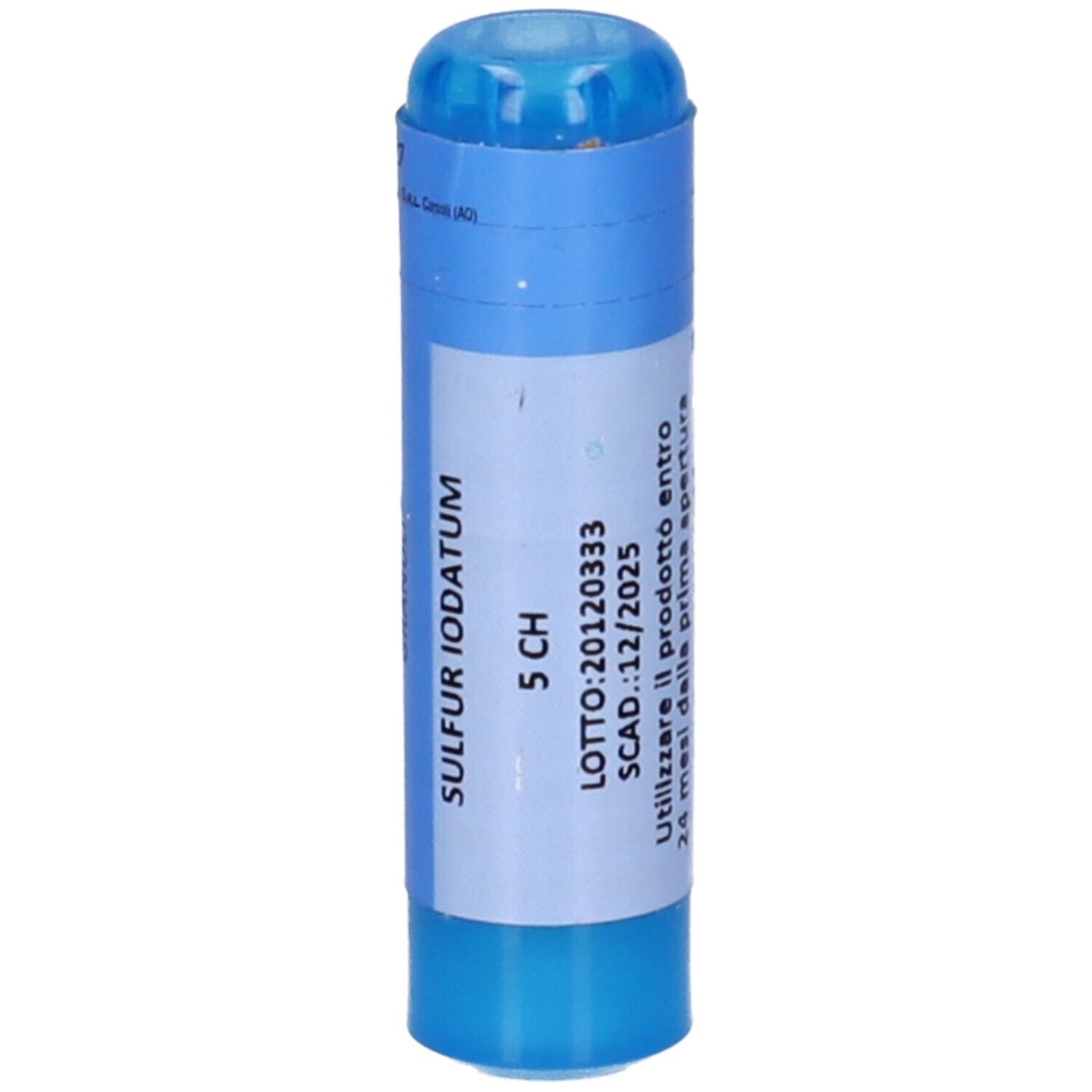 Contenitore cilindrico blu. Scritta: Sulfur Iodatum 5 CH. Numero lotto e scadenza.