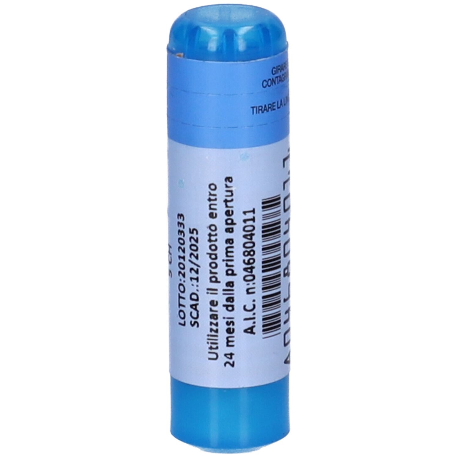 Contenitore cilindrico blu. Scritta: Sulfur Iodatum 5 CH. Numero lotto e scadenza.