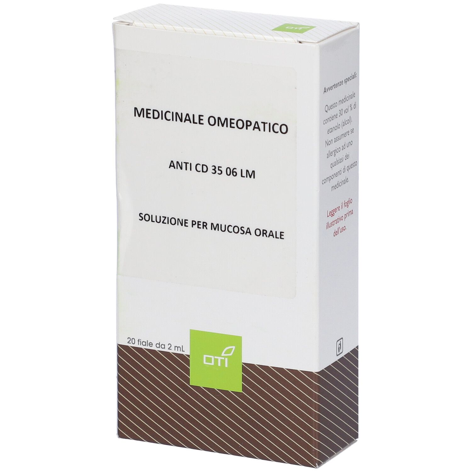 Scatola bianca con testo: Medicinale Omeopatico, Anti CD 35 06 LM, Soluzione per mucosa orale. Logo OTI.