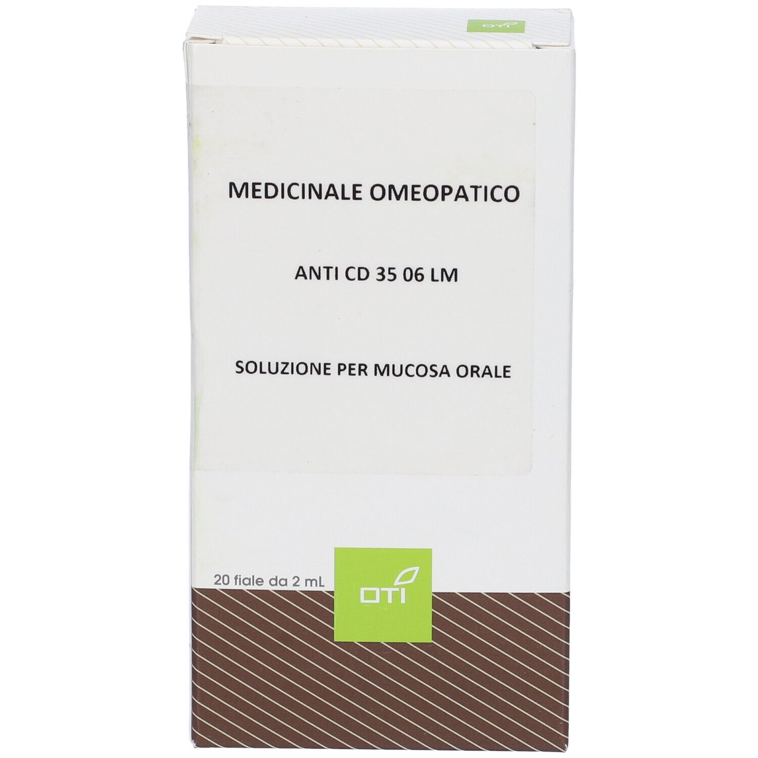 Scatola bianca con testo: Medicinale Omeopatico, Anti CD 35 06 LM, Soluzione per mucosa orale. Logo OTI.