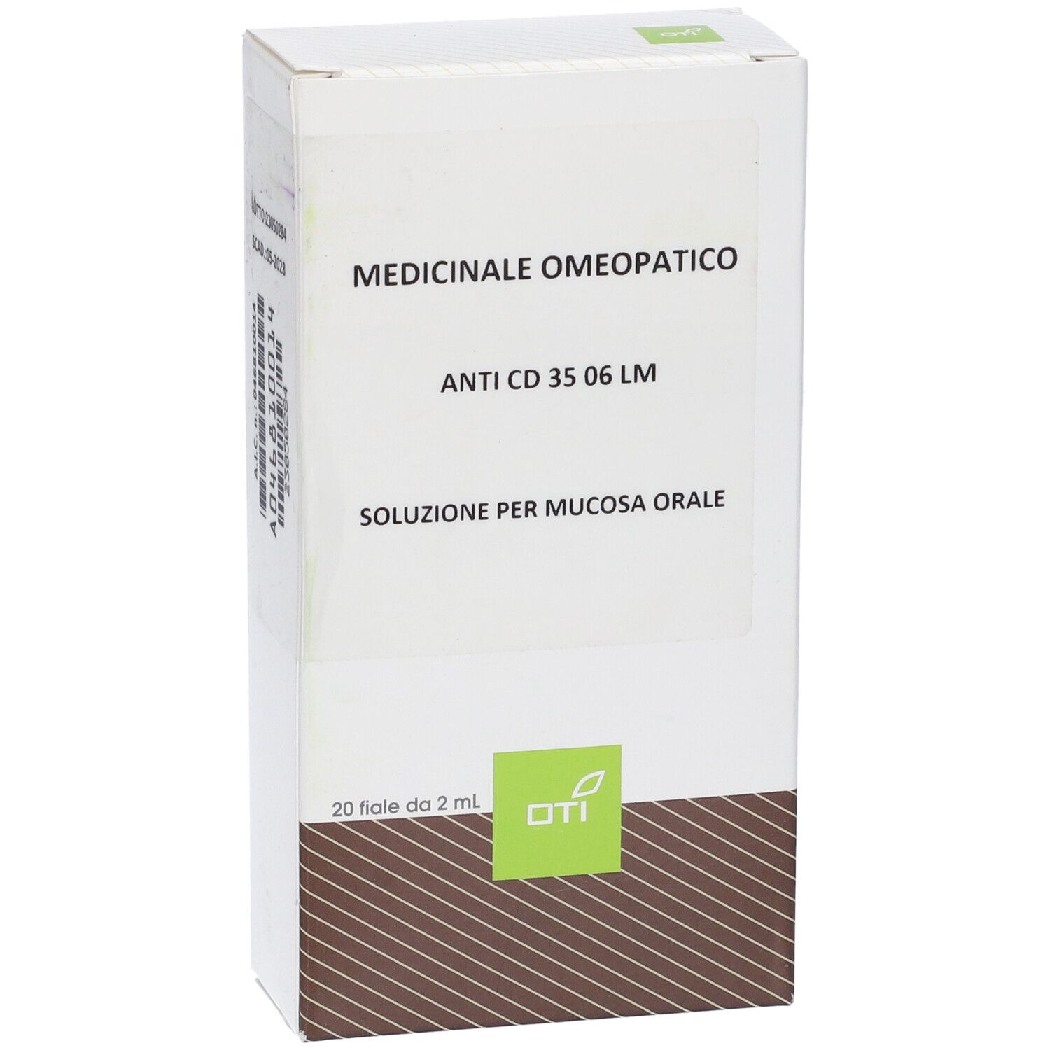 Scatola bianca con testo: Medicinale Omeopatico, Anti CD 35 06 LM, Soluzione per mucosa orale. Logo OTI.