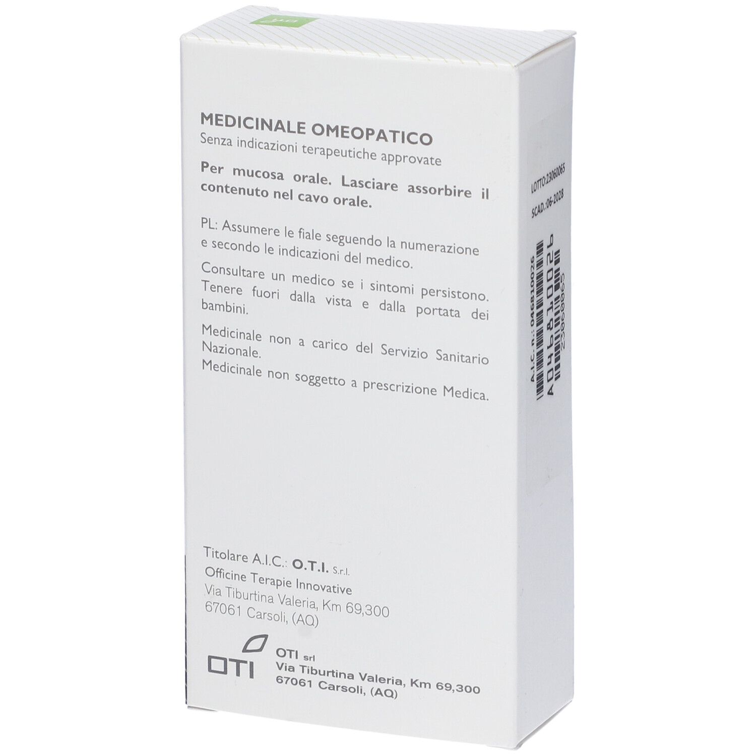 Scatola bianca con testo. Medicinale Omeopatico, Anti CD 35 018 LM, Soluzione per mucosa orale. Logo OTI e indirizzo.