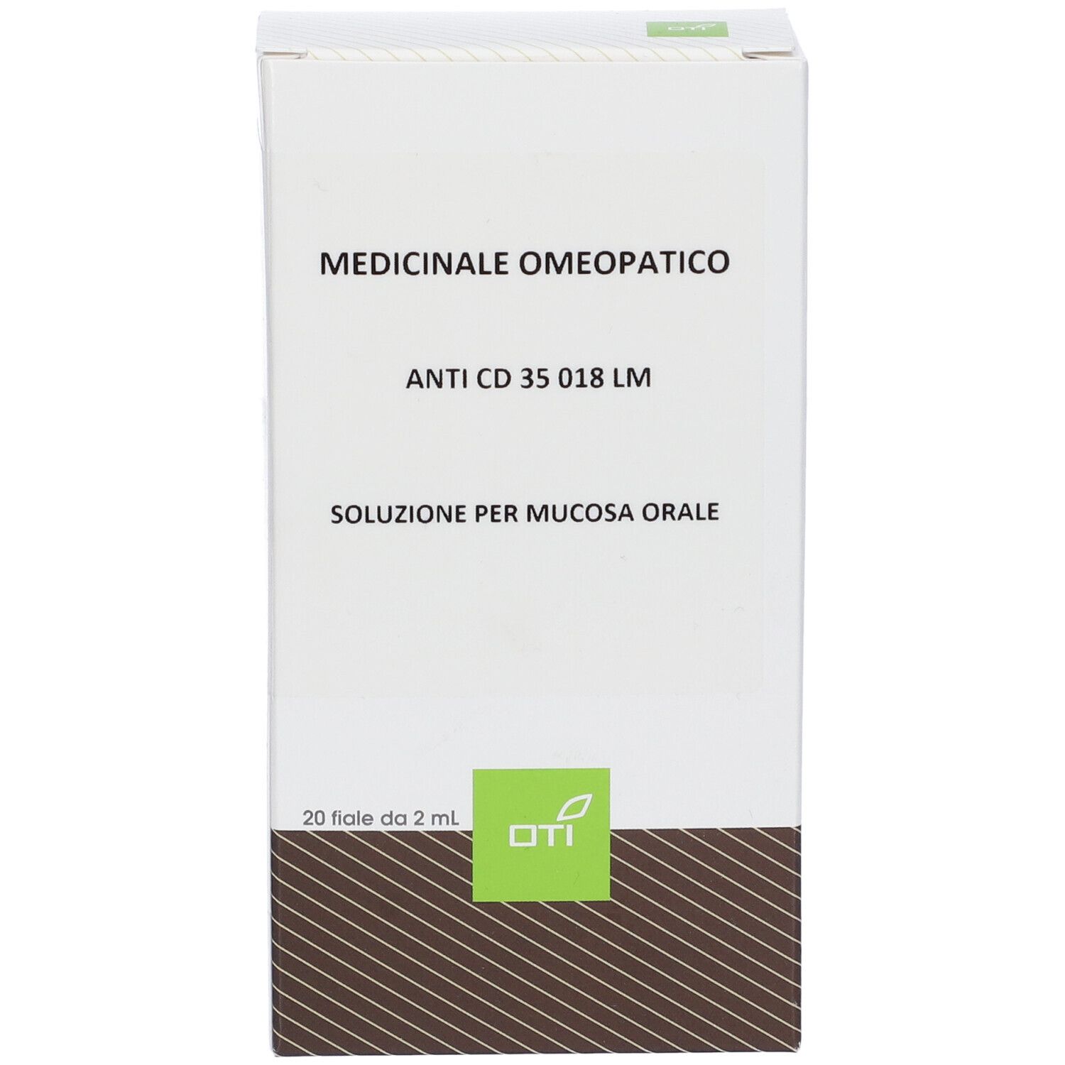 Scatola bianca con testo: Medicinale Omeopatico, Anti CD 35 018 LM, Soluzione per mucosa orale. Logo OTI.