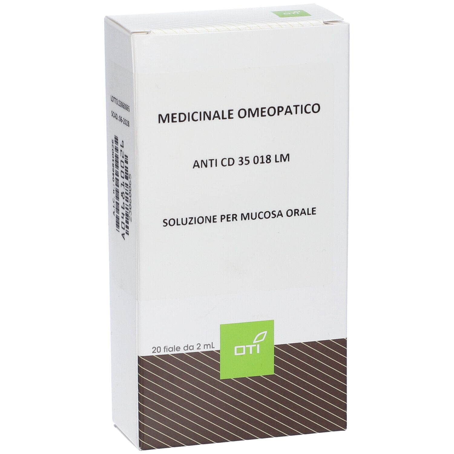 Scatola bianca con testo e codice a barre. Medicinale Omeopatico, Anti CD 35 018 LM, Soluzione per mucosa orale. Logo OTI.
