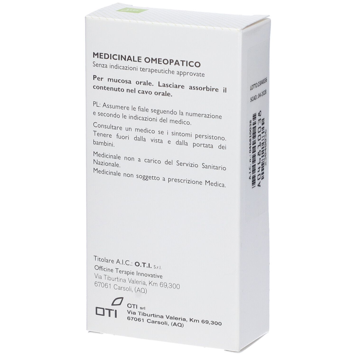 Scatola bianca con testo. Testo: Medicinale Omeopatico, senza indicazioni terapeutiche. Istruzioni per l'uso e informazioni del produttore.
