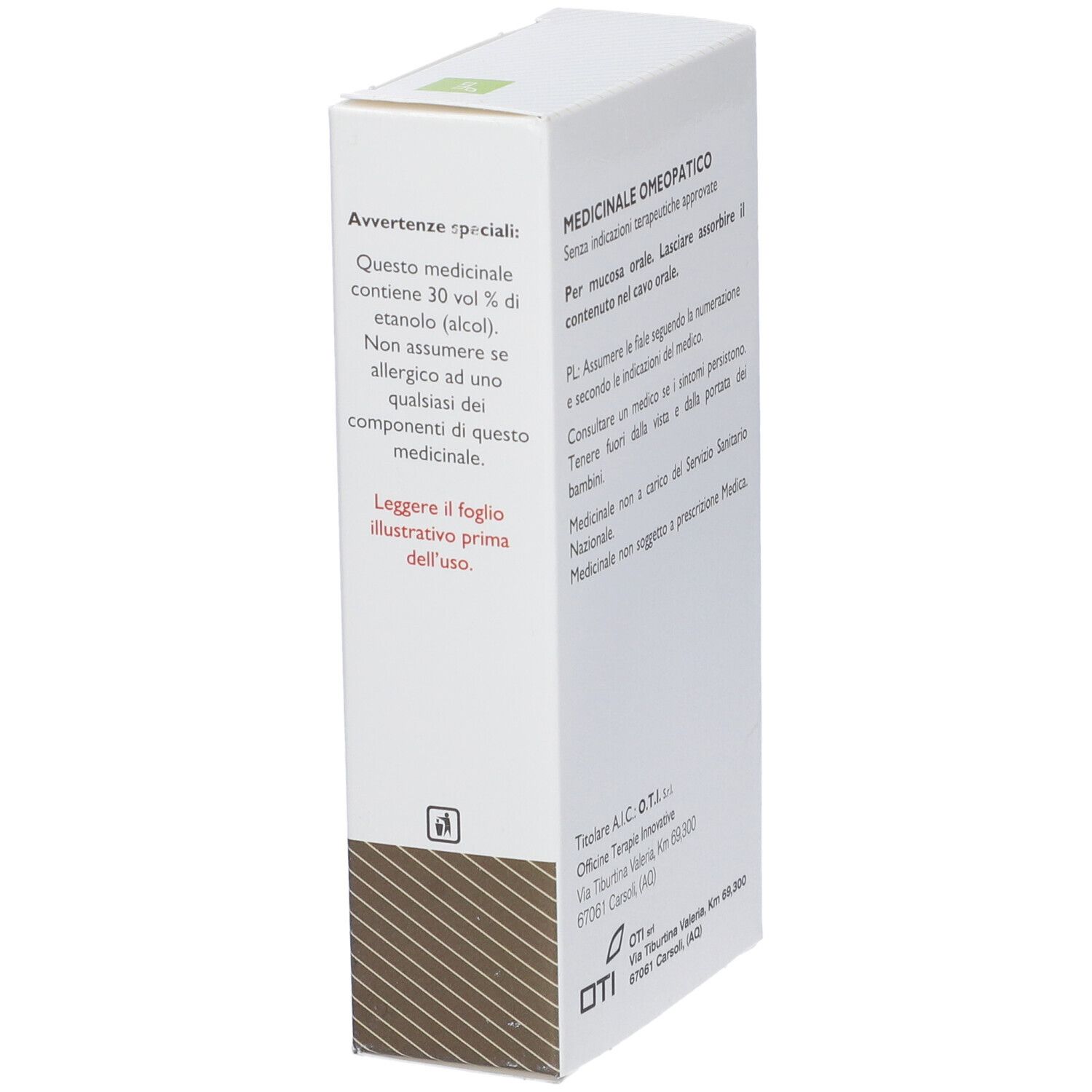Scatola bianca con testo. Testo: Medicinale Omeopatico, avvertenze. Contiene 30% etanolo. Leggere il foglietto illustrativo.