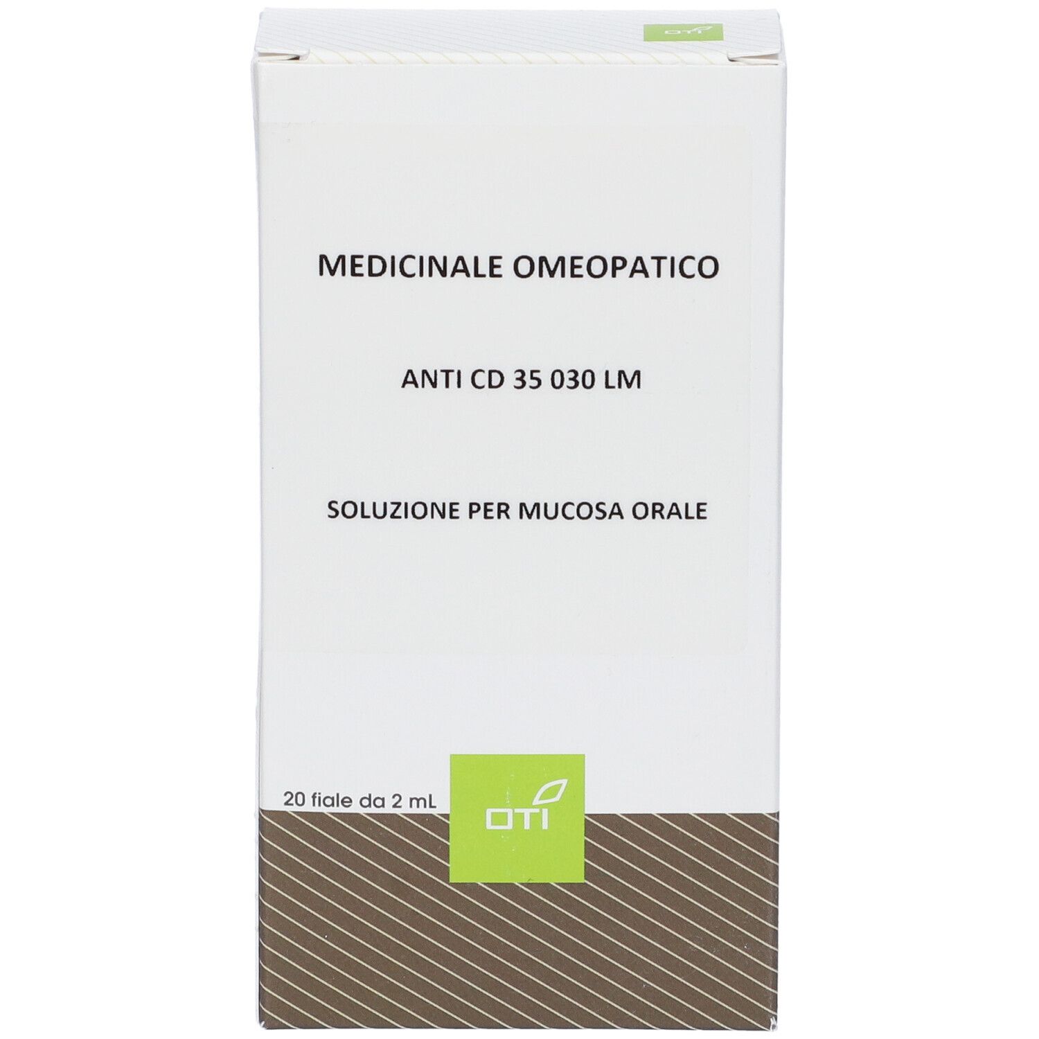 Scatola bianca con testo e logo. Testo: Medicinale Omeopatico, Anti CD 35 030 LM, Soluzione per mucosa orale. 20 Fiale da 2 ml.