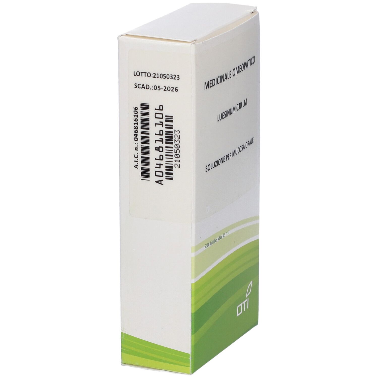 Scatola bianca, vista laterale. Testo: 'Medicinale Omeopatico', 'Luesinum 030 LM', 'Soluzione per mucosa orale'. Etichetta codice.