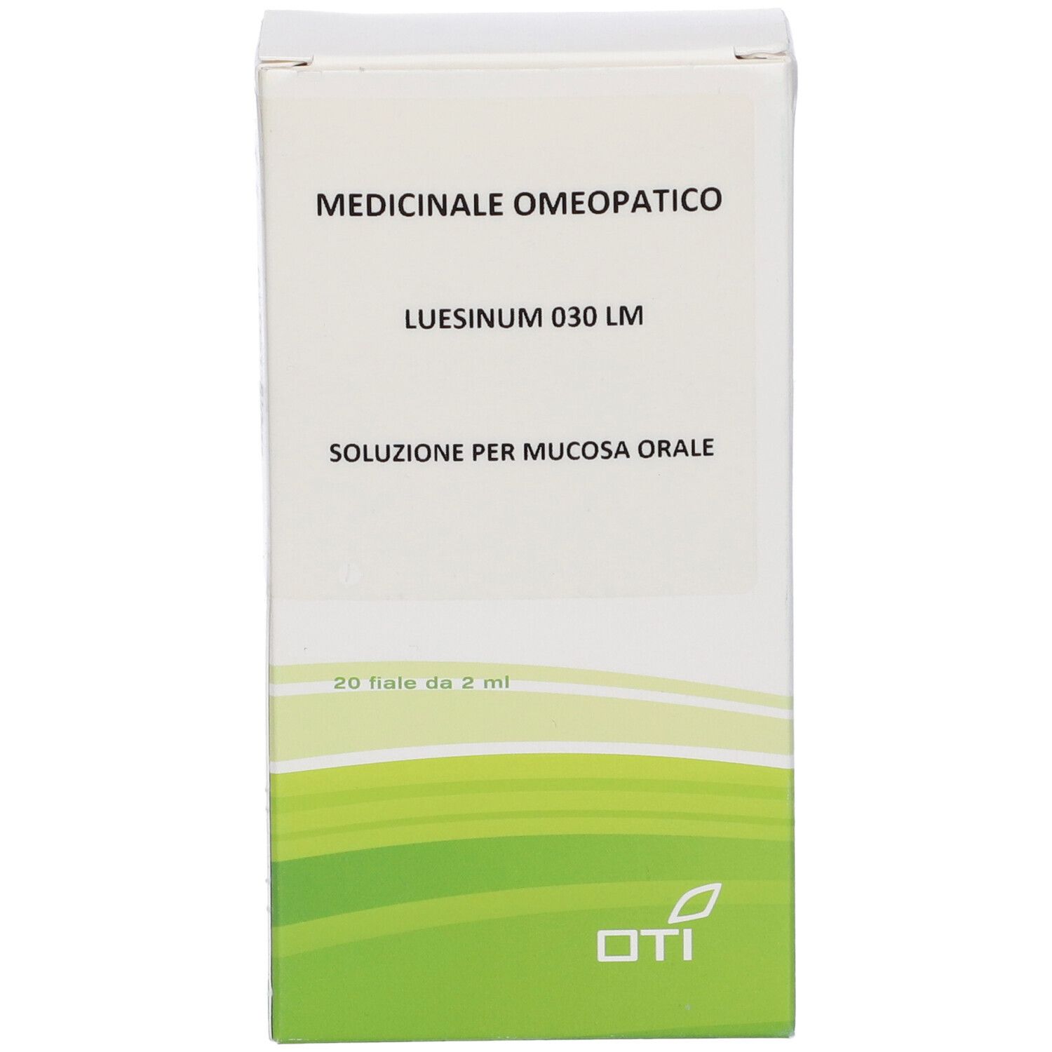 Scatola bianca con testo: 'Medicinale Omeopatico', 'Luesinum 030 LM', 'Soluzione per mucosa orale'. 20 fiale da 2 ml. Logo OTI.