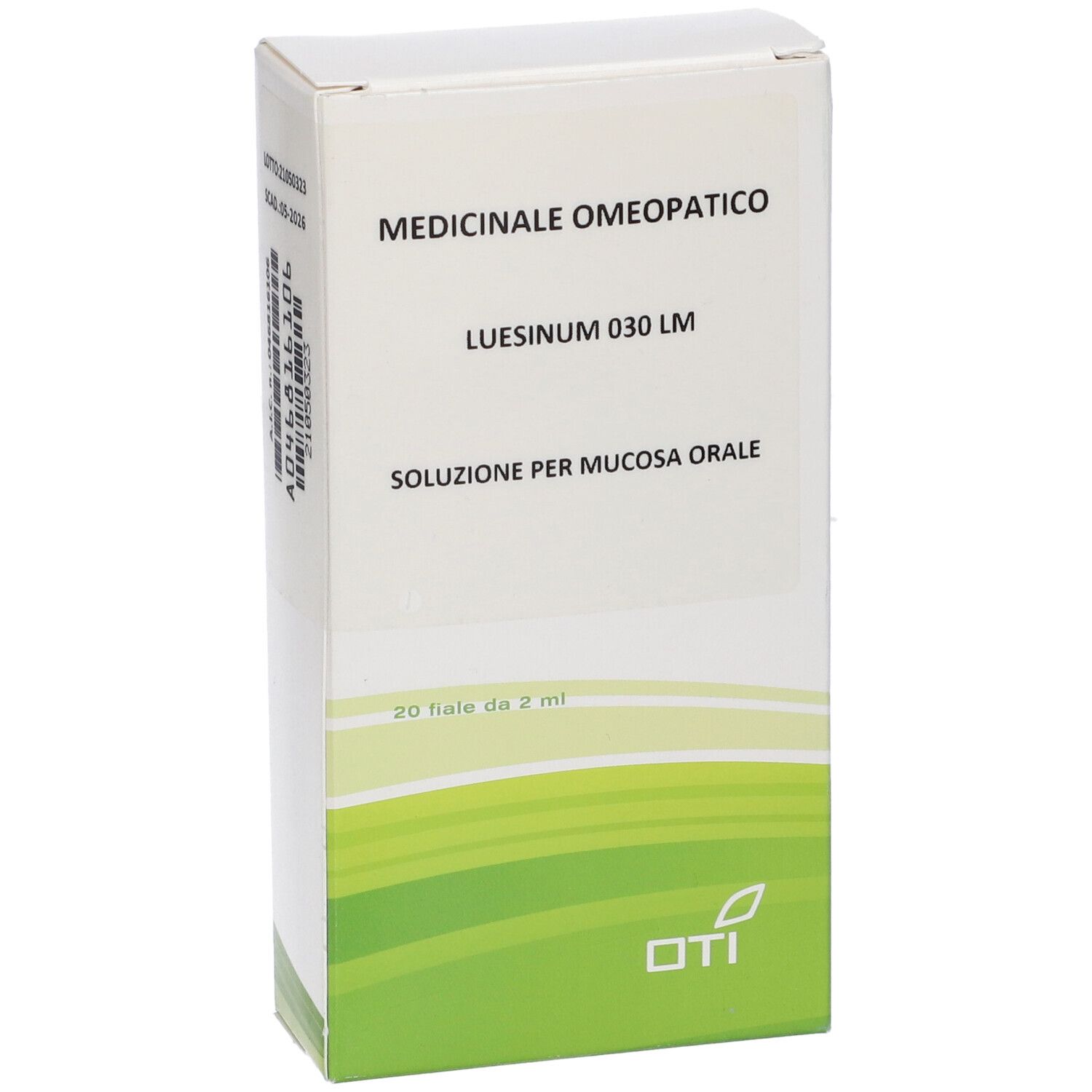 Scatola bianca con testo: 'Medicinale Omeopatico', 'Luesinum 030 LM', 'Soluzione per mucosa orale'. 20 fiale da 2 ml. Logo OTI.