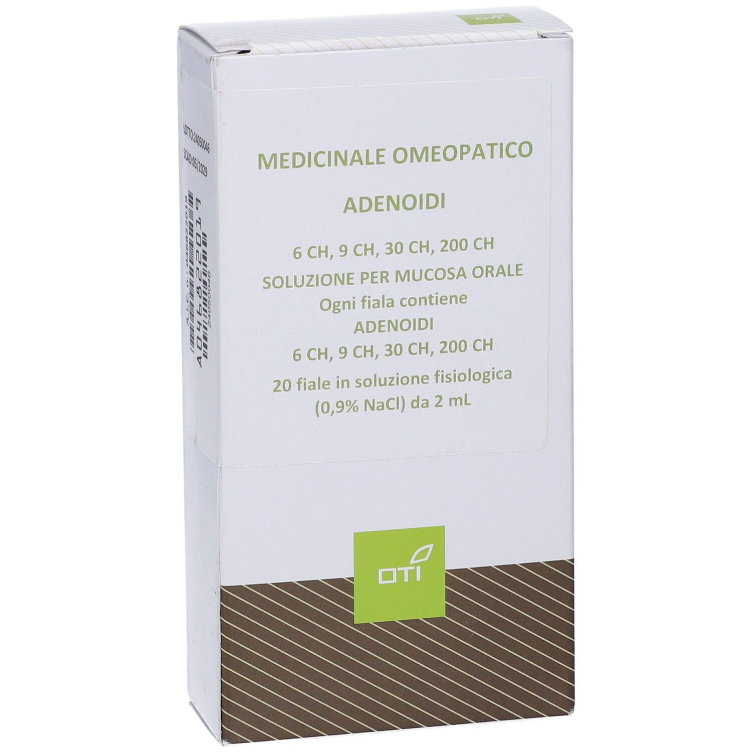 Fronte della confezione di medicinale omeopatico per adenoidi, 20 fiale da 2 ml.