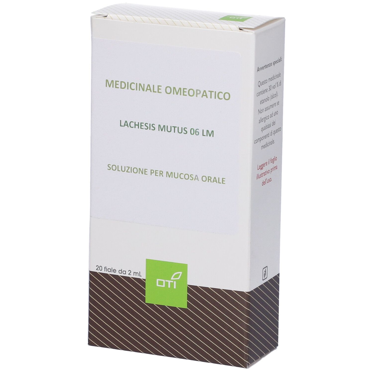 Scatola con nome prodotto e logo. 'Lachesis Mutus 06 LM'. 20 fiale. Logo OTI. Bianco con sfondo marrone.