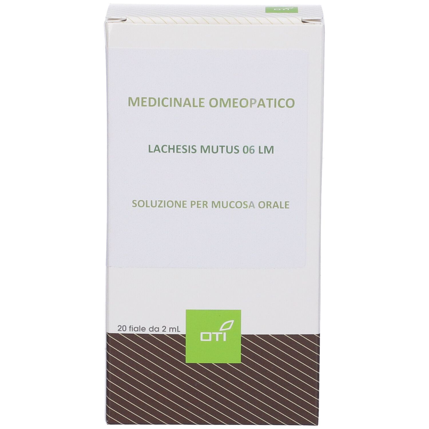 Confezione prodotto con nome prodotto. 'Lachesis Mutus 06 LM'. 20 fiale. Logo OTI. Sfondo bianco.