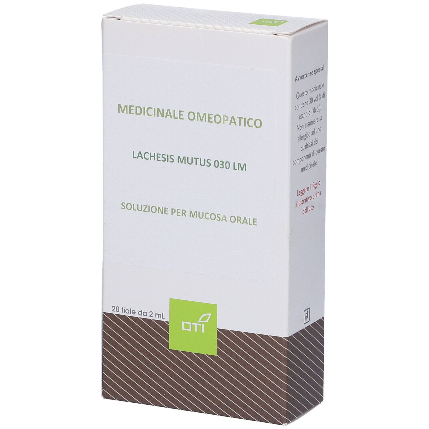 Scatola bianca. Logo OTI. Scritta: Medicinale Omeopatico, Lachesis Mutus 030 LM, Soluzione per mucosa orale.
