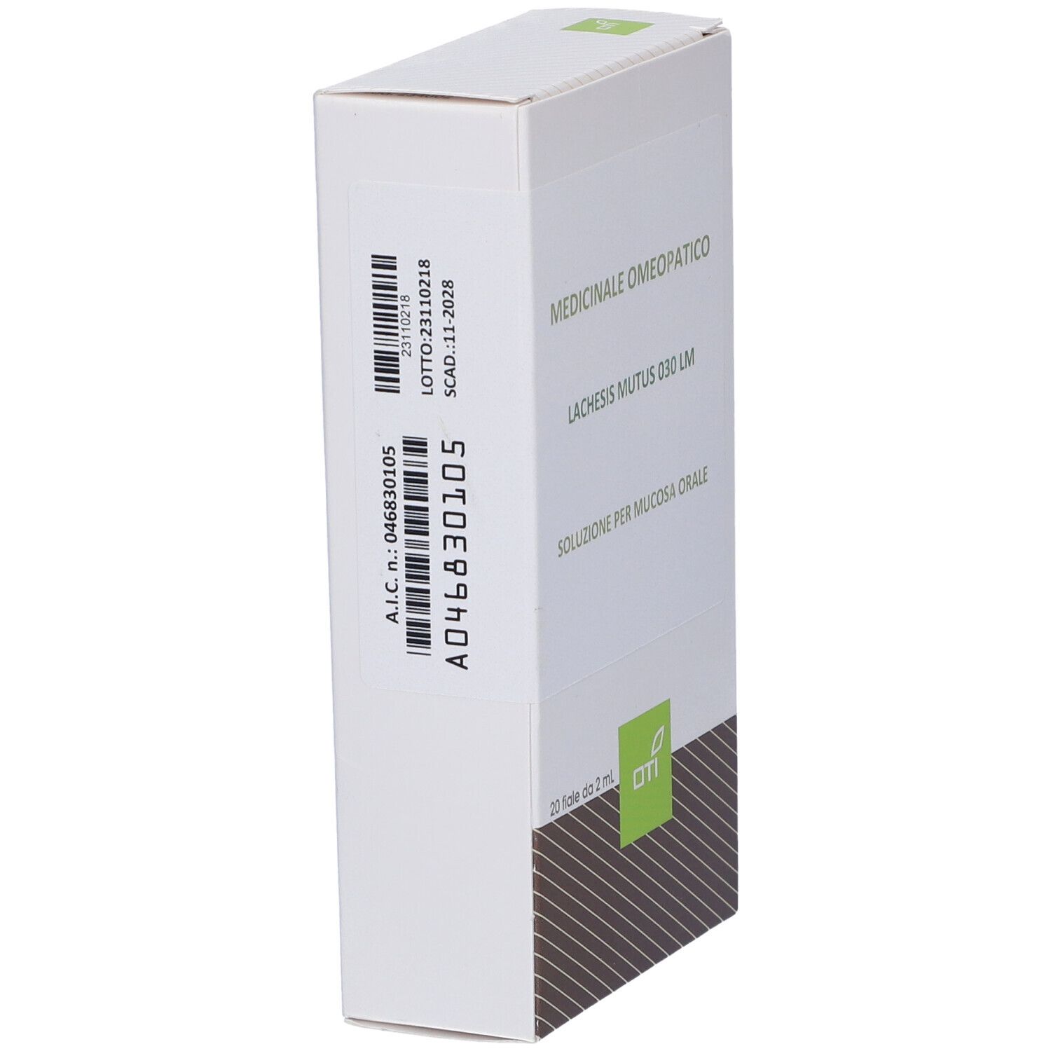 Scatola bianca. Logo OTI. Scritta: Medicinale Omeopatico, Lachesis Mutus 030 LM, Soluzione per mucosa orale.