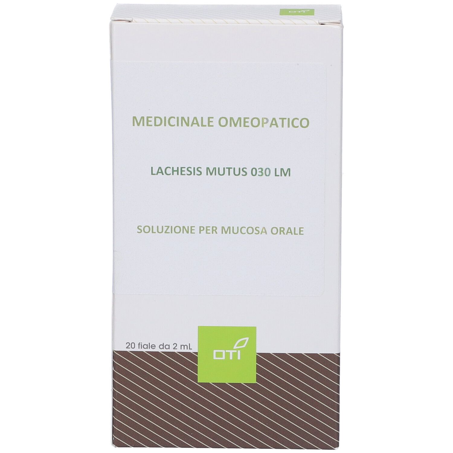 Scatola bianca. Logo OTI. Scritta: Medicinale Omeopatico, Lachesis Mutus 030 LM, Soluzione per mucosa orale.