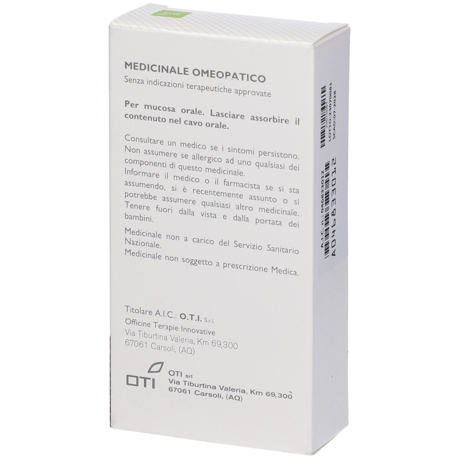 Retro della scatola bianca. Testo: Medicinale omeopatico. Logo OTI e indirizzo. Nessuna istruzione per l'uso.