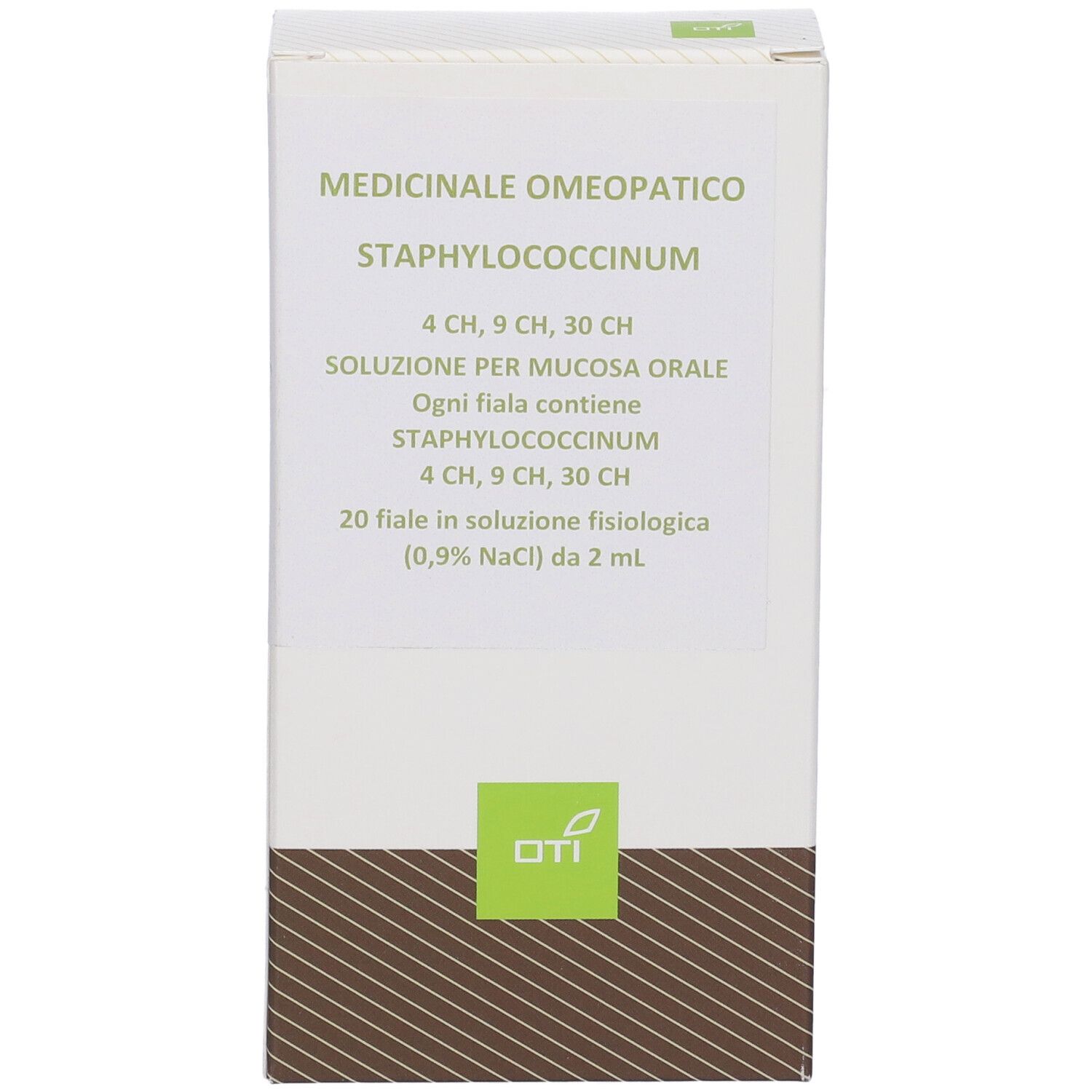 Scatola bianca con informazioni prodotto. Testo: Staphylococcinum 4CH, 9CH, 30CH. Soluzione per mucosa orale. Logo OTI.