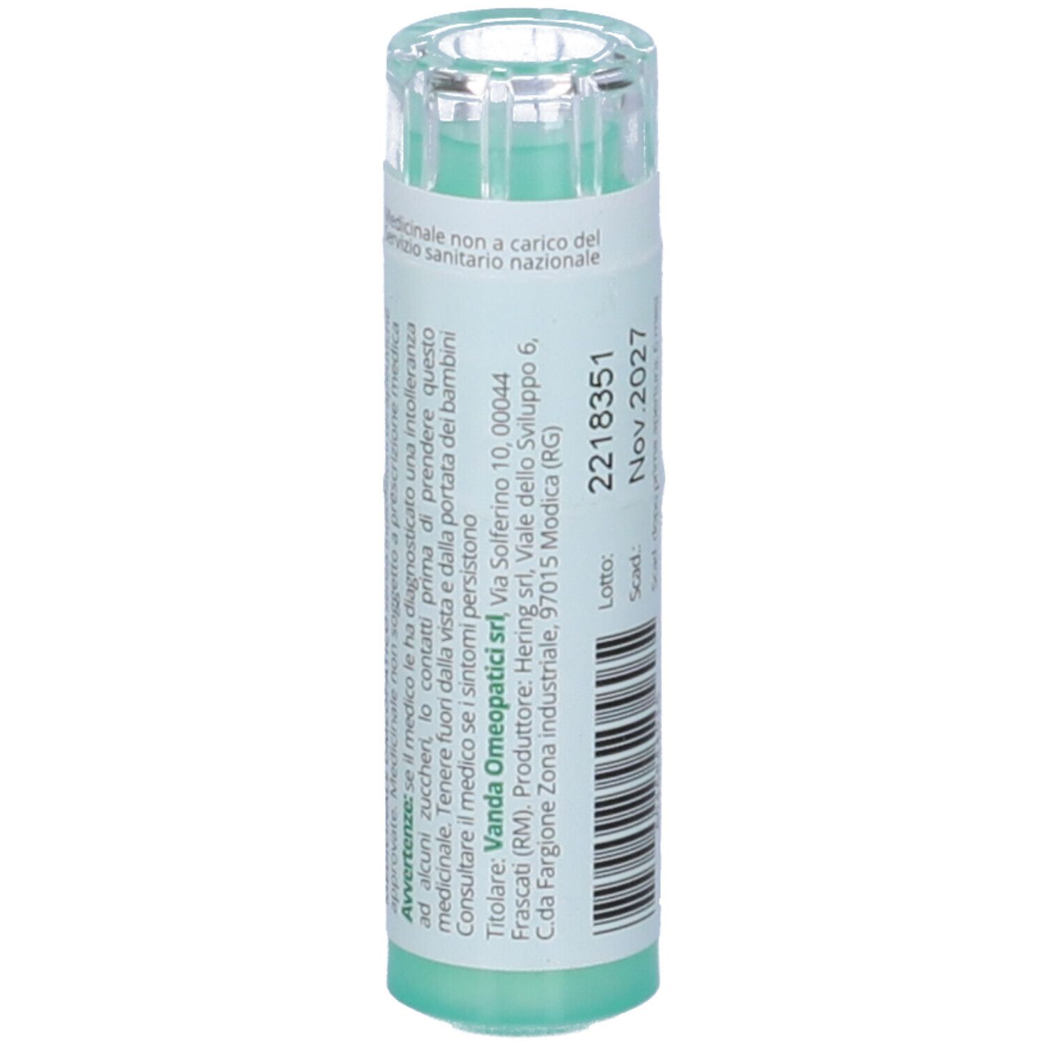 Confezione cilindrica verde con testo bianco. Contiene granuli. Testo e codice a barre sul retro. Coperchio trasparente.