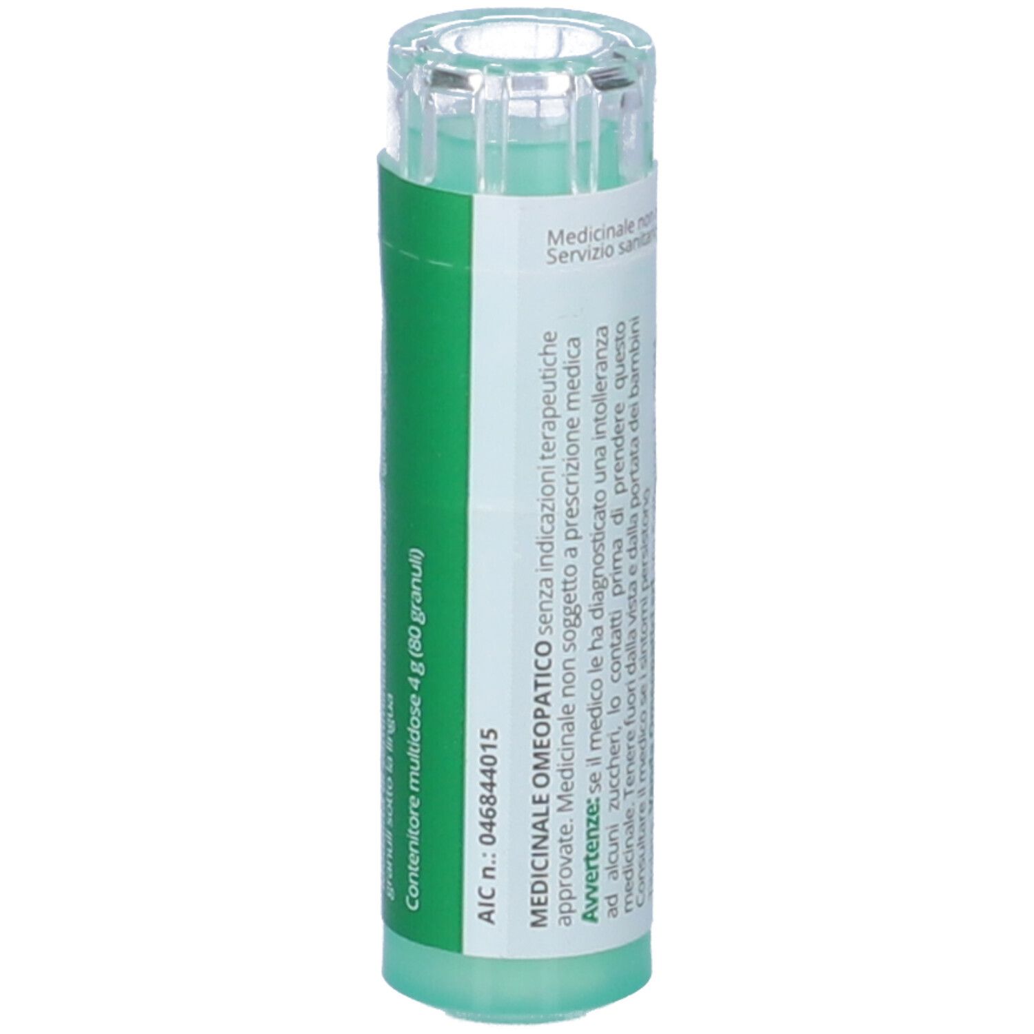 Confezione cilindrica verde con testo bianco. Contiene granuli. Testo e numero AIC. Coperchio trasparente.