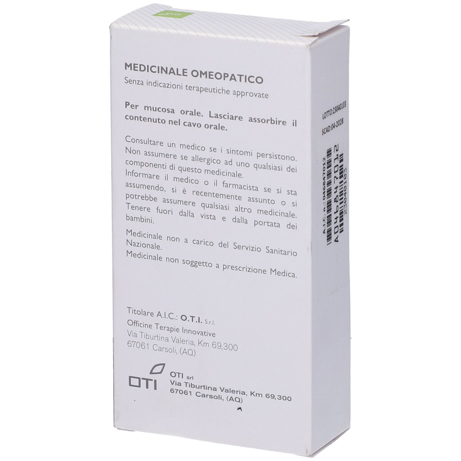 Retro della confezione. Testo: Informazioni mediche. Logo OTI. Scatola bianca con testo.