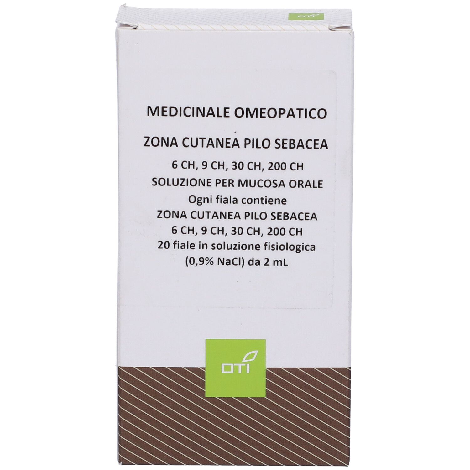 Vista frontale della confezione. Testo: Zona Cutanea Pilo Sebacea 6Ch, 9Ch, 30Ch, 200Ch. Logo OTI. Scatola bianca.