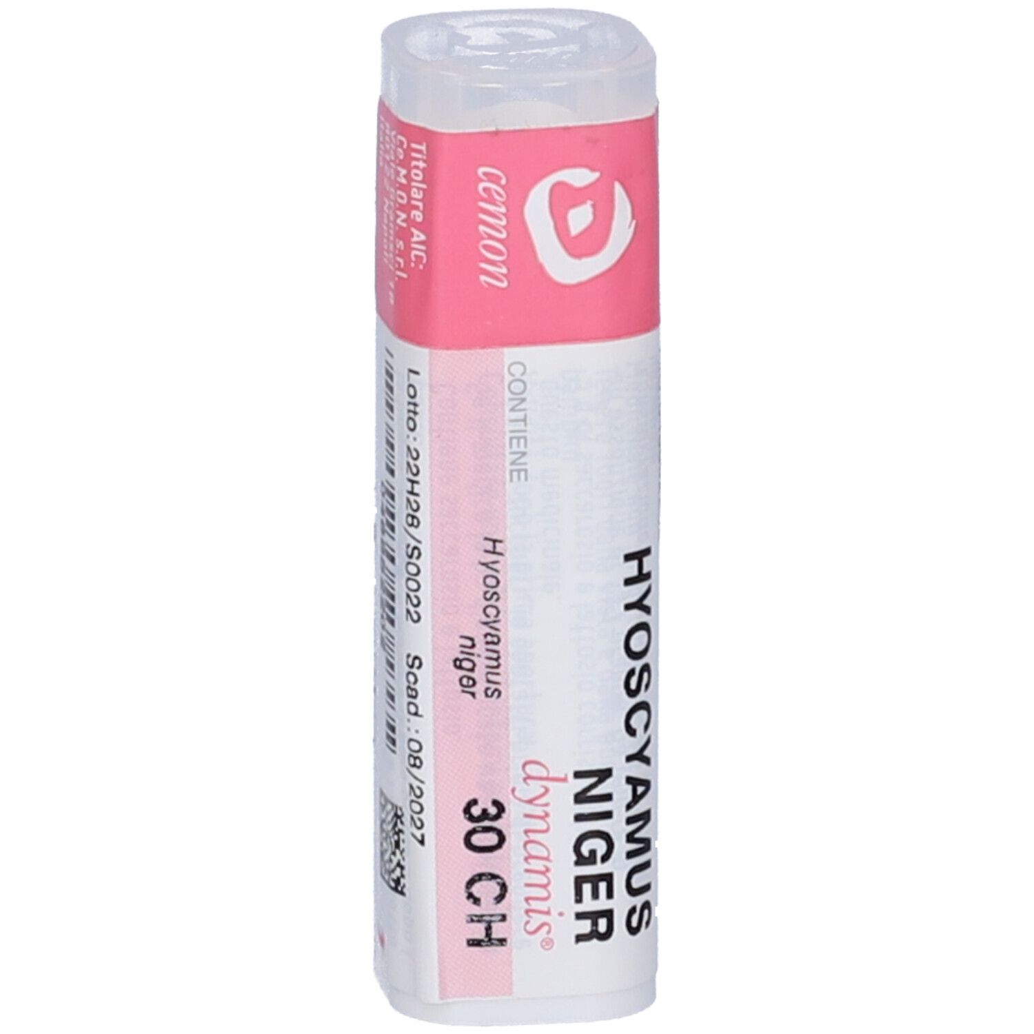 Contenitore cilindrico con etichetta rosa e coperchio trasparente. Testo: Hyoscyamus niger dynamis 30 CH. Marchio e nome del prodotto.