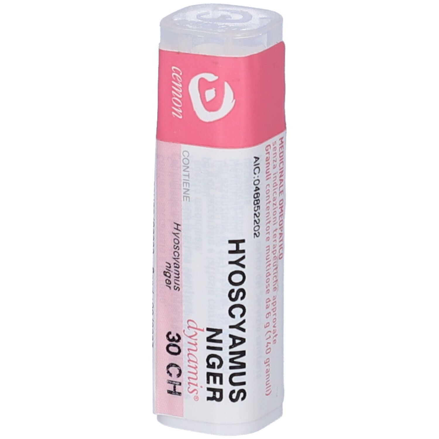 Contenitore cilindrico con etichetta rosa. Testo: Hyoscyamus niger dynamis 30 CH. Marchio e nome del prodotto. Coperchio trasparente.