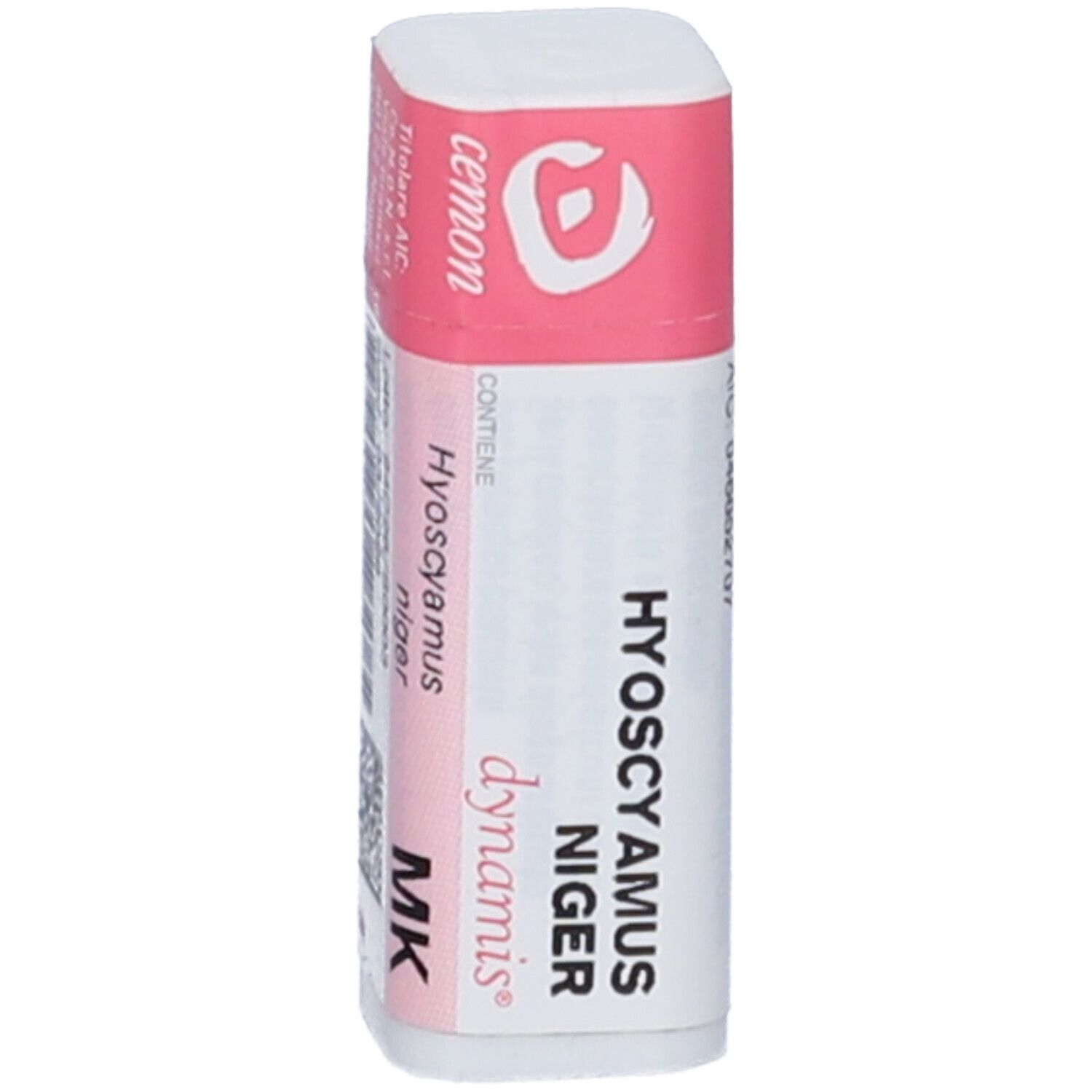 Confezione monodose cilindrica bianca con etichetta rosa. Scritta: Hyoscyamus Niger Dynamis MK, cemon.