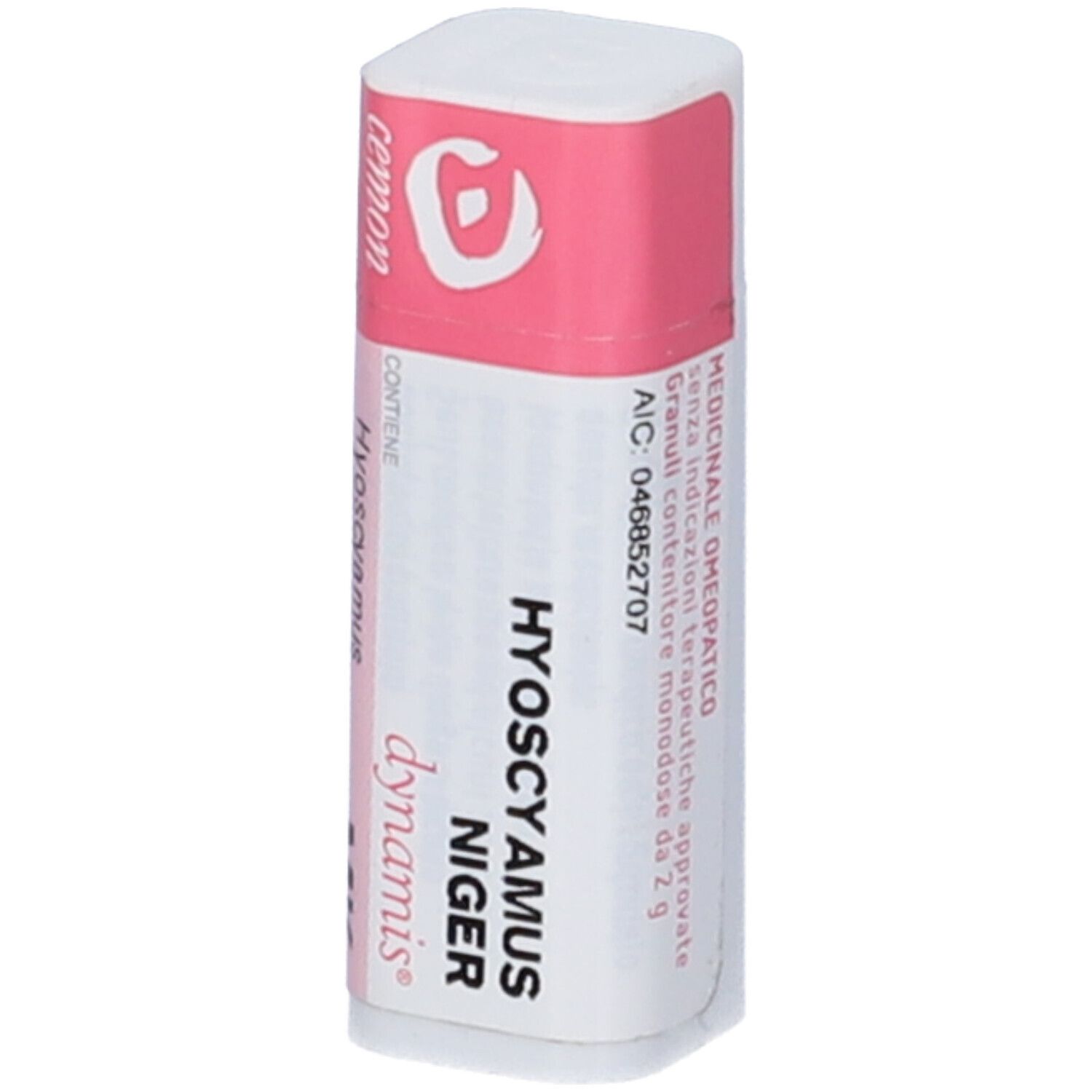 Confezione monodose bianca cilindrica con etichetta rosa. Scritta: Hyoscyamus Niger, cemon, medicinale.