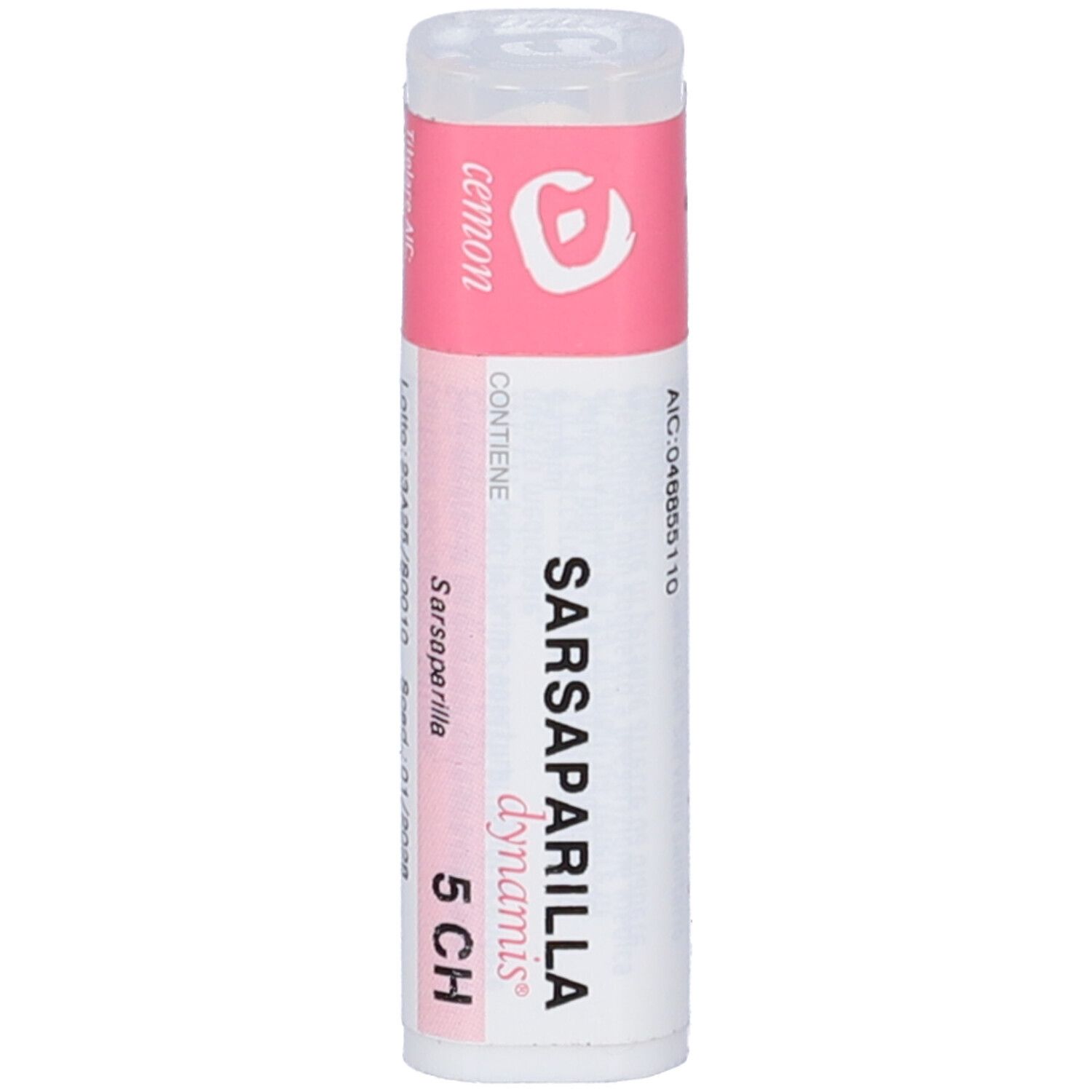 Flacone cilindrico bianco con etichetta rosa. Scritta: "SARSAPARILLA dynamis 5 CH".