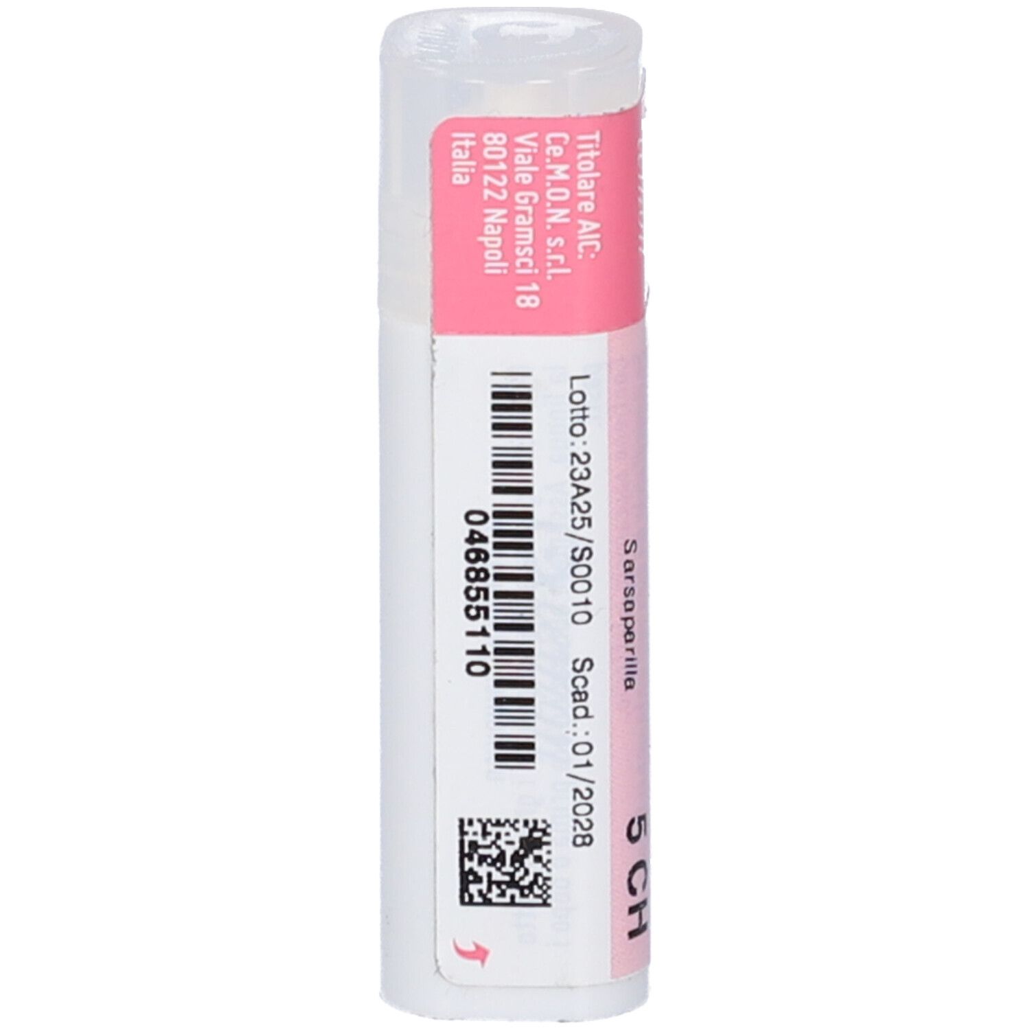 Flacone cilindrico bianco con etichetta rosa. Scritta: "SARSAPARILLA dynamis 5 CH". Codice a barre e QR code.