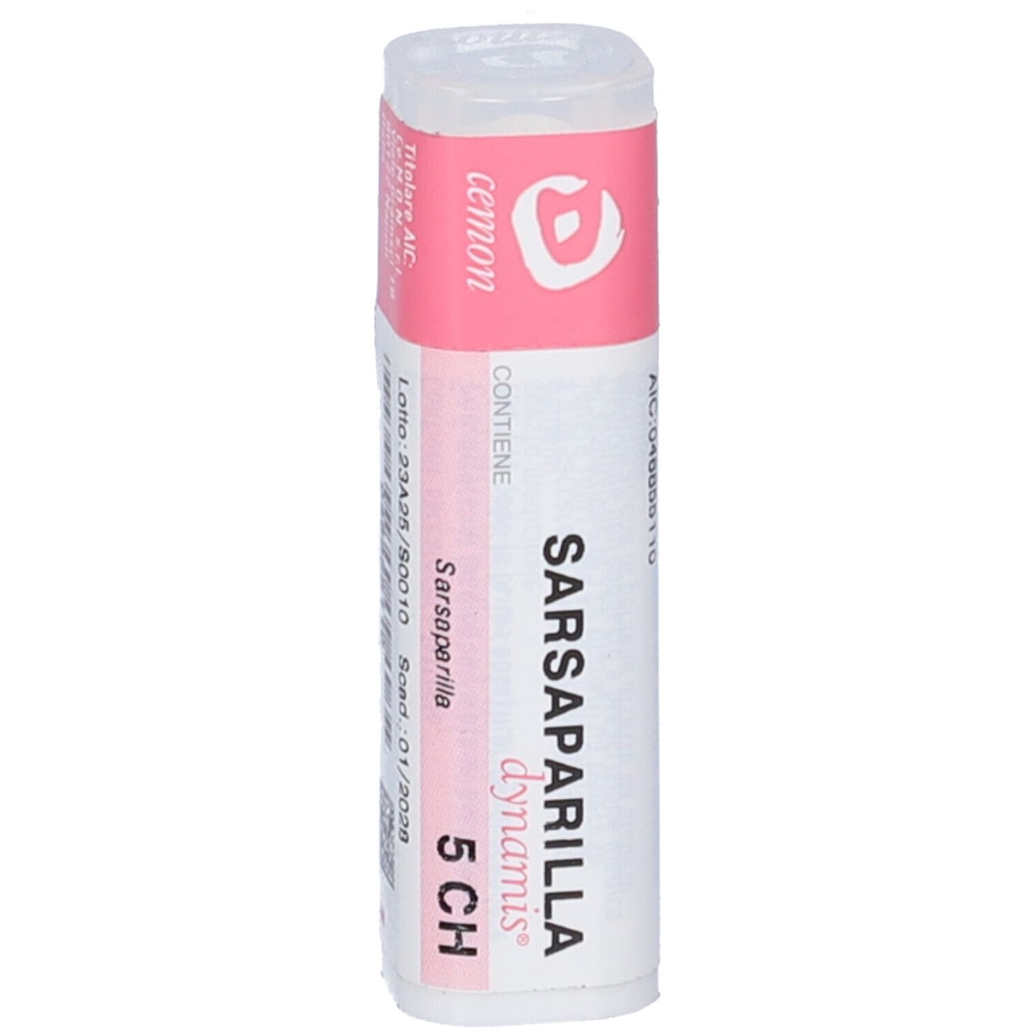 Flacone cilindrico bianco con etichetta rosa. Scritta: "SARSAPARILLA dynamis 5 CH".