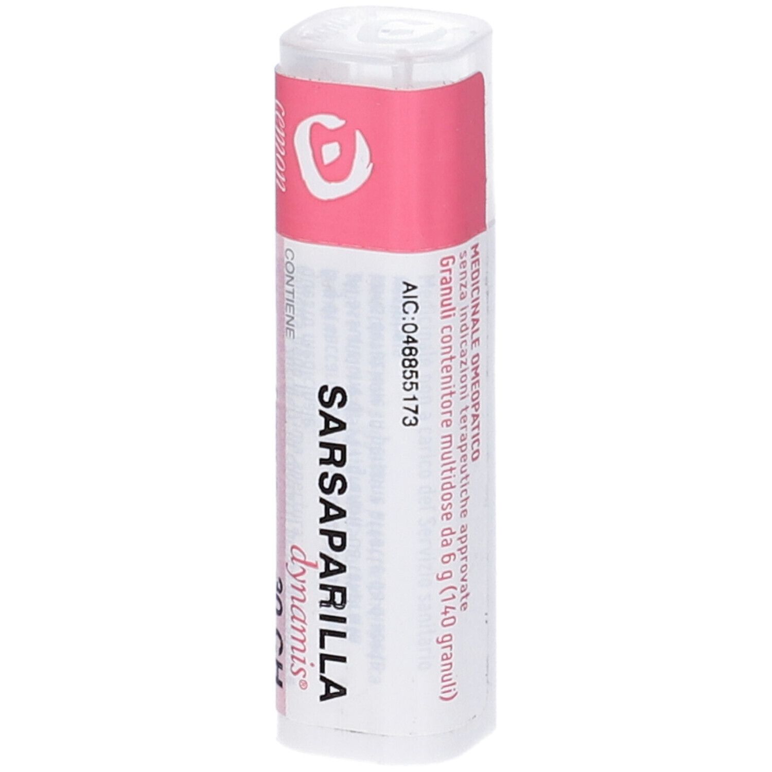 Flacone cilindrico bianco con etichetta rosa. 'Sarsaparilla dynamis' sull'etichetta.