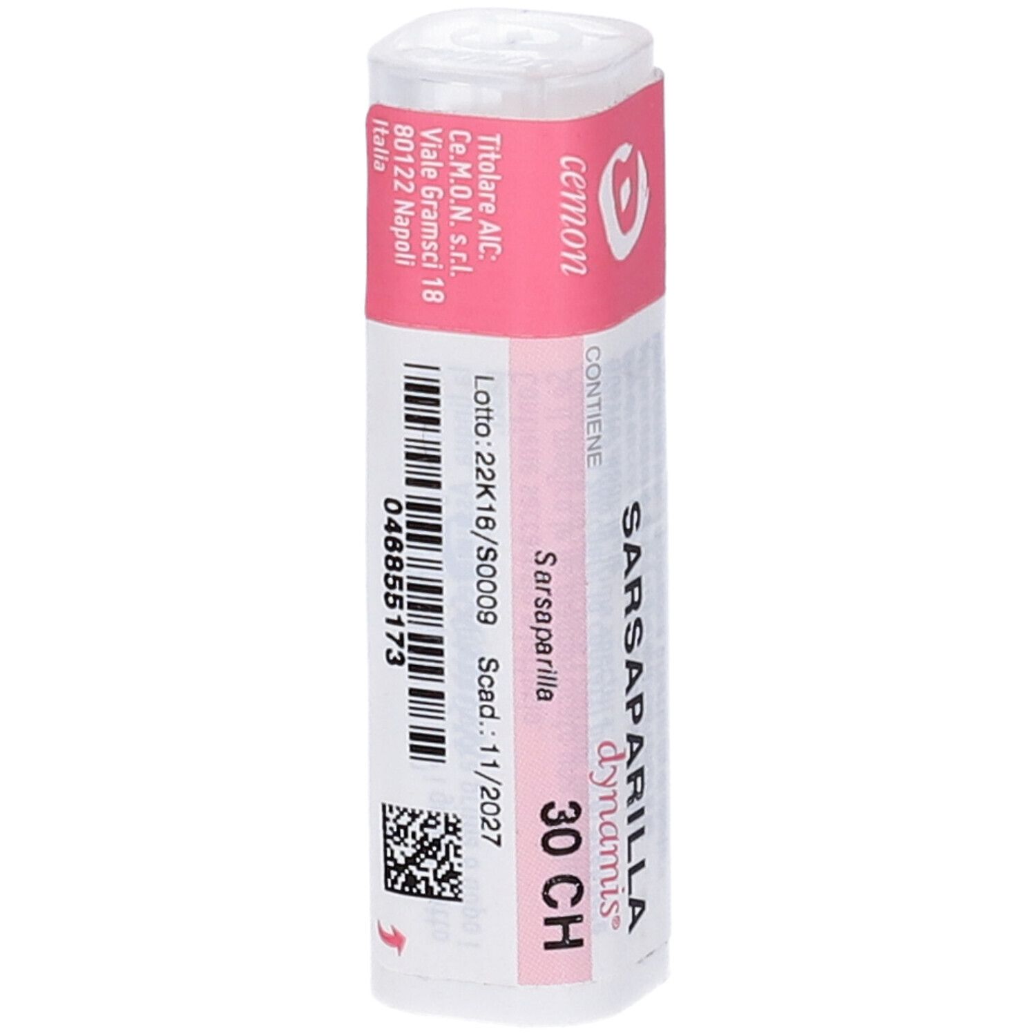 Flacone cilindrico bianco con etichetta rosa. 'Sarsaparilla 30 CH' sull'etichetta.