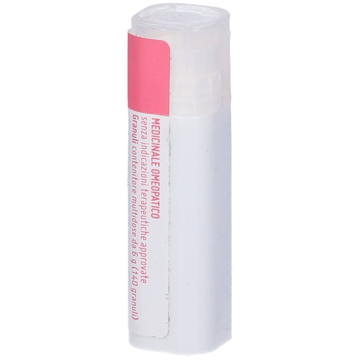 Flacone cilindrico bianco con etichetta rosa. 'Medicinale Omeopatico' sull'etichetta.